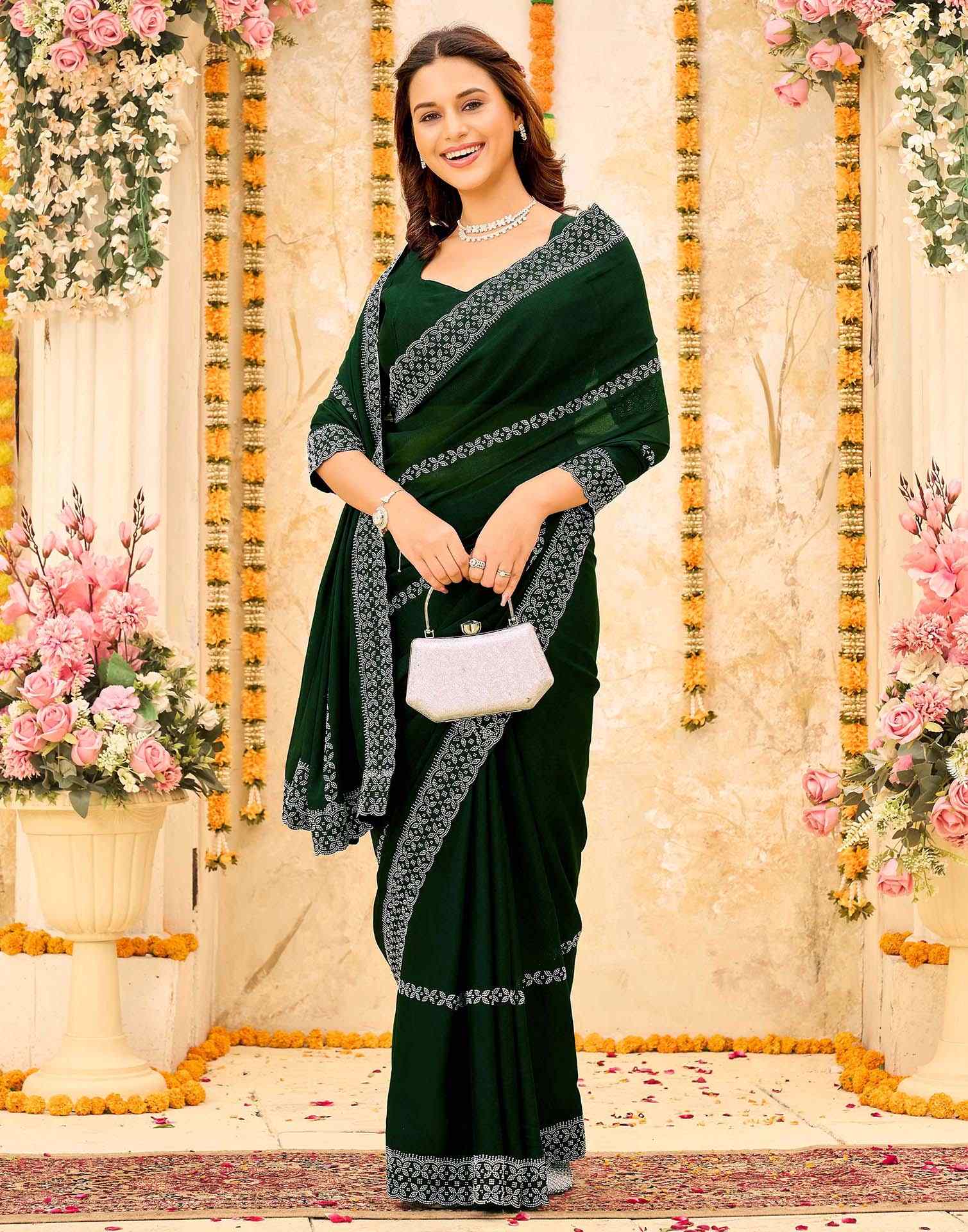 Dark Green Shimmer Stone Work Swarovski Saree