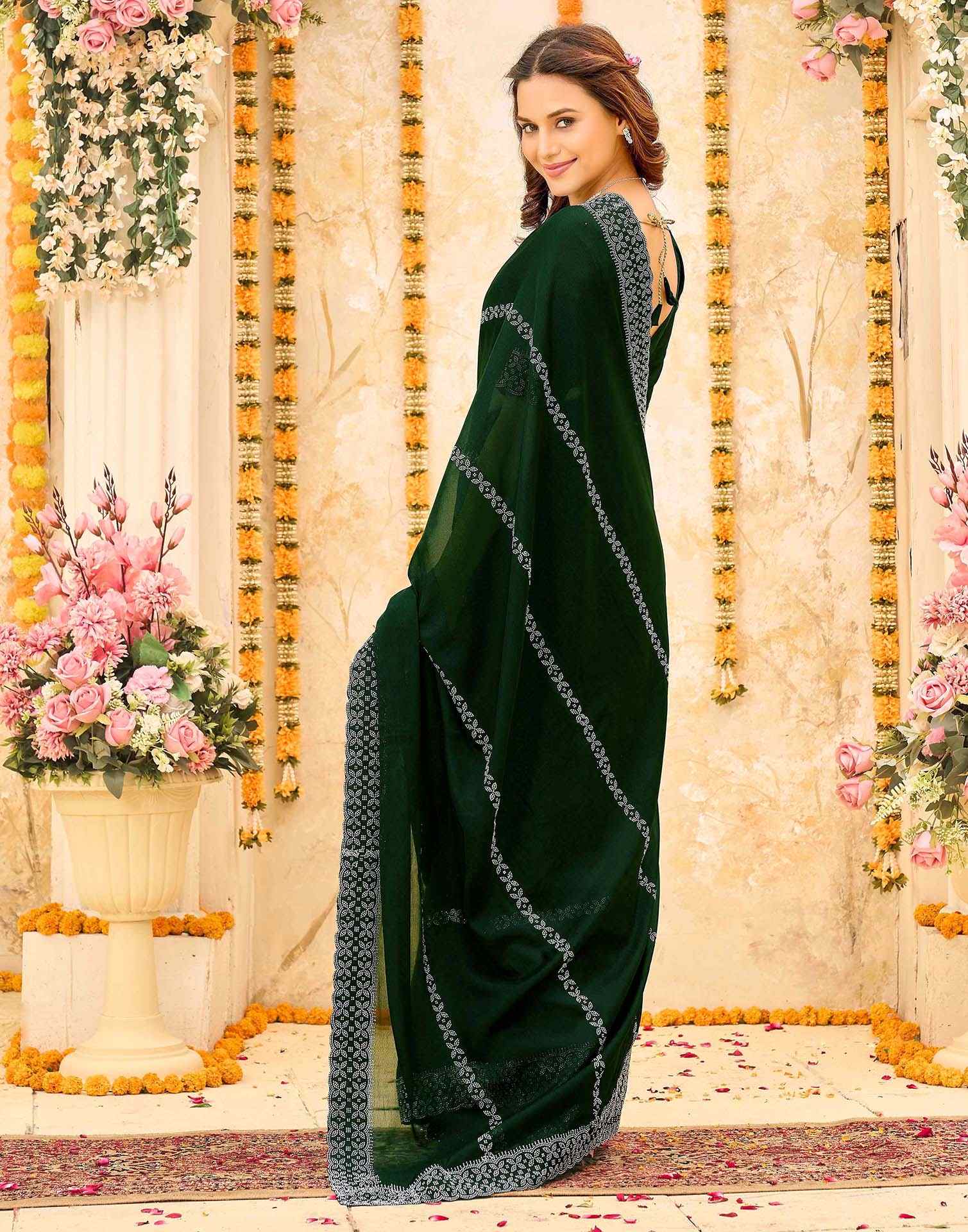 Dark Green Shimmer Stone Work Swarovski Saree
