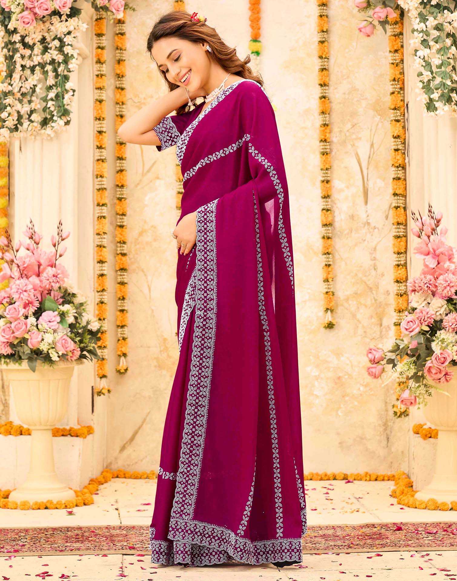 Rani Pink Shimmer Stone Work Swarovski Saree