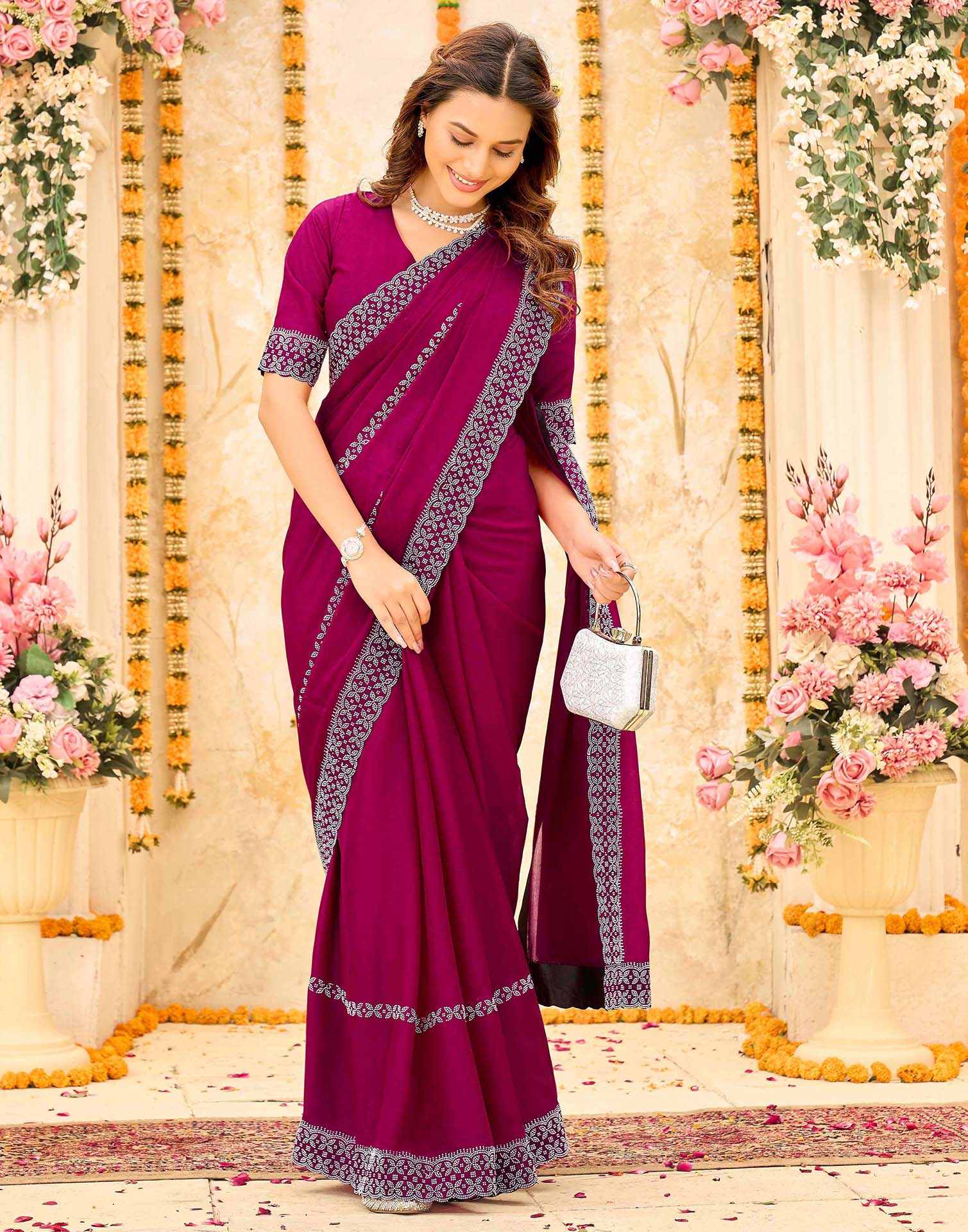 Rani Pink Shimmer Stone Work Swarovski Saree