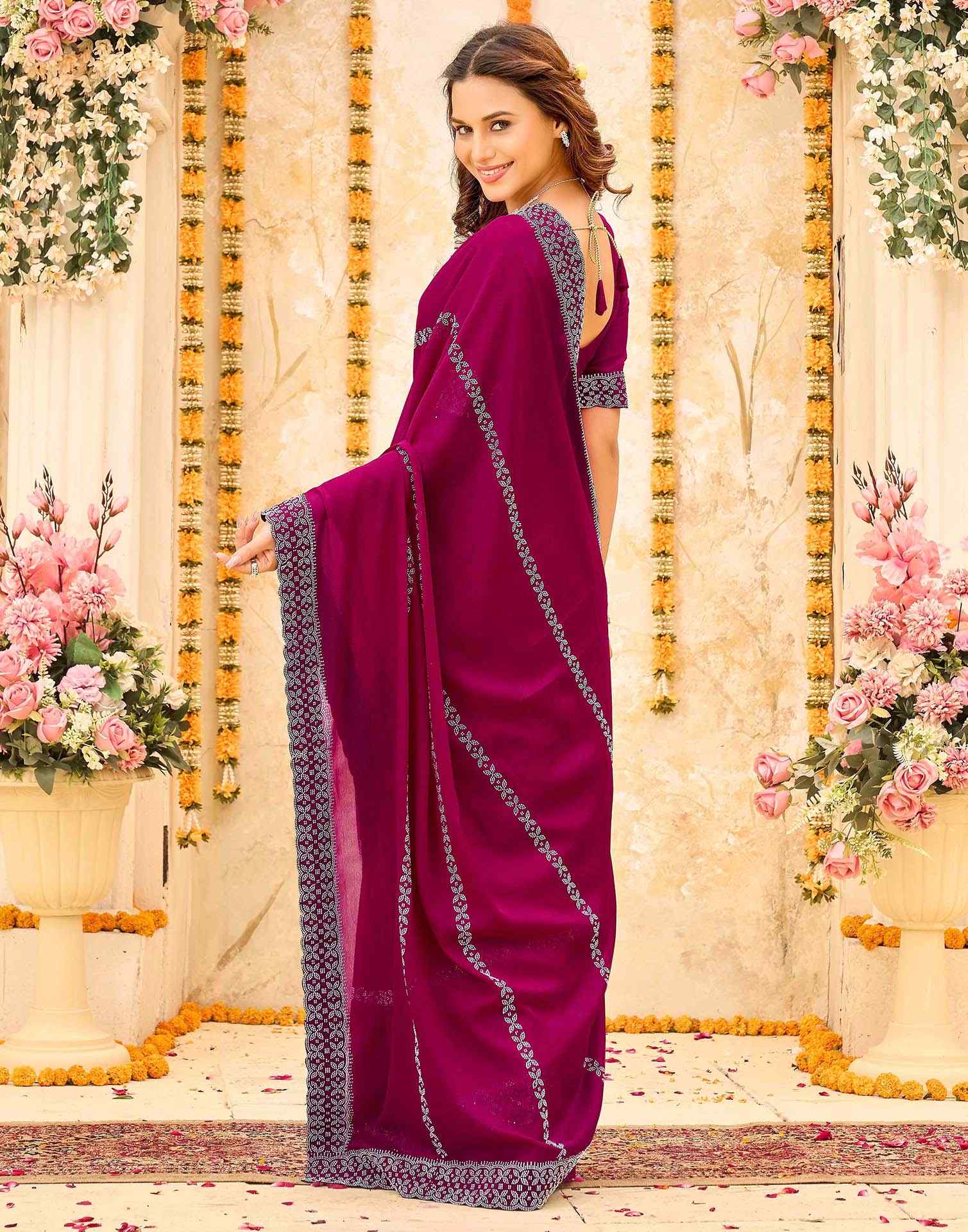 Rani Pink Shimmer Stone Work Swarovski Saree