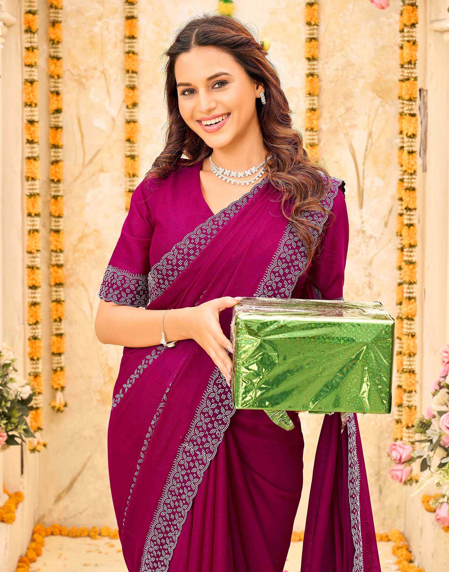 Rani Pink Shimmer Stone Work Swarovski Saree