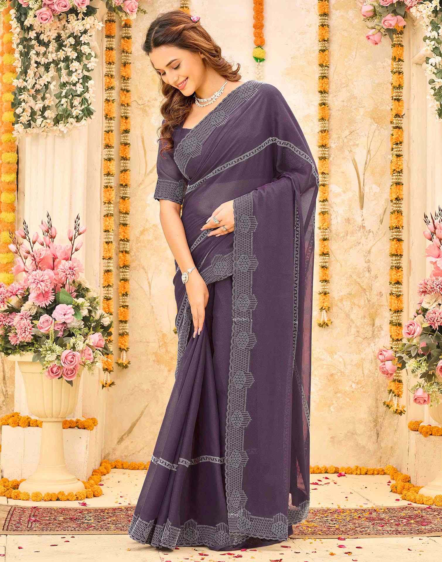 Dusty Purple Shimmer Stone Work Swarovski Saree