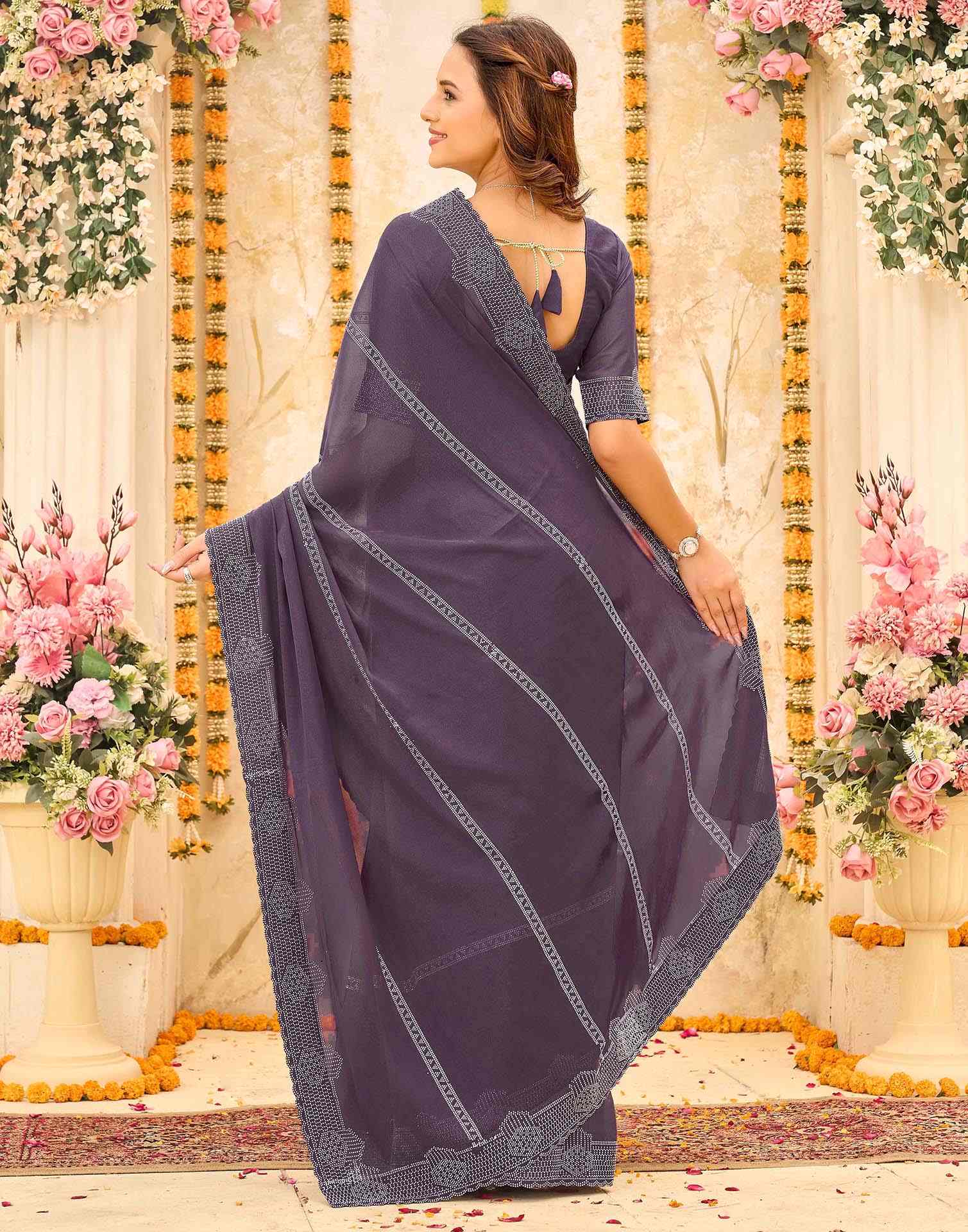 Dusty Purple Shimmer Stone Work Swarovski Saree