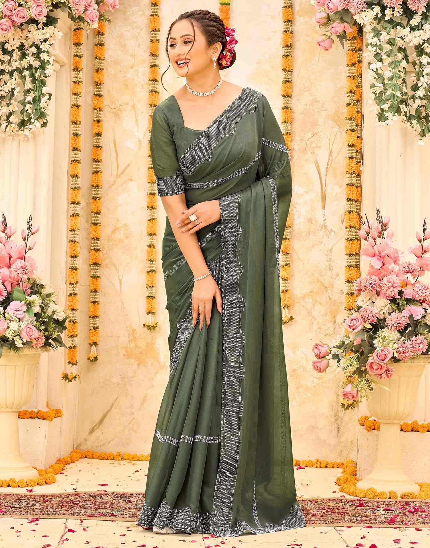 Olive Green Shimmer Stone Work Swarovski Saree