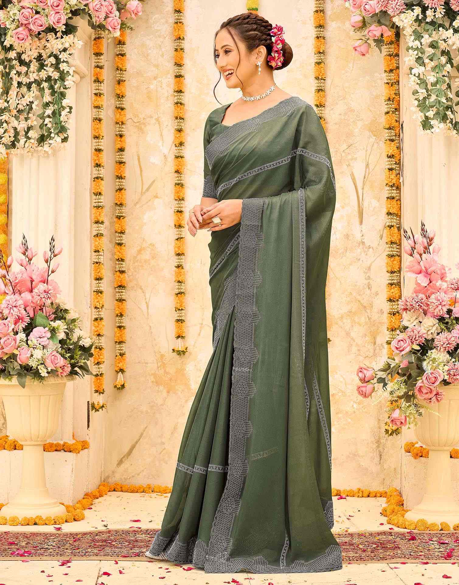 Olive Green Shimmer Stone Work Swarovski Saree