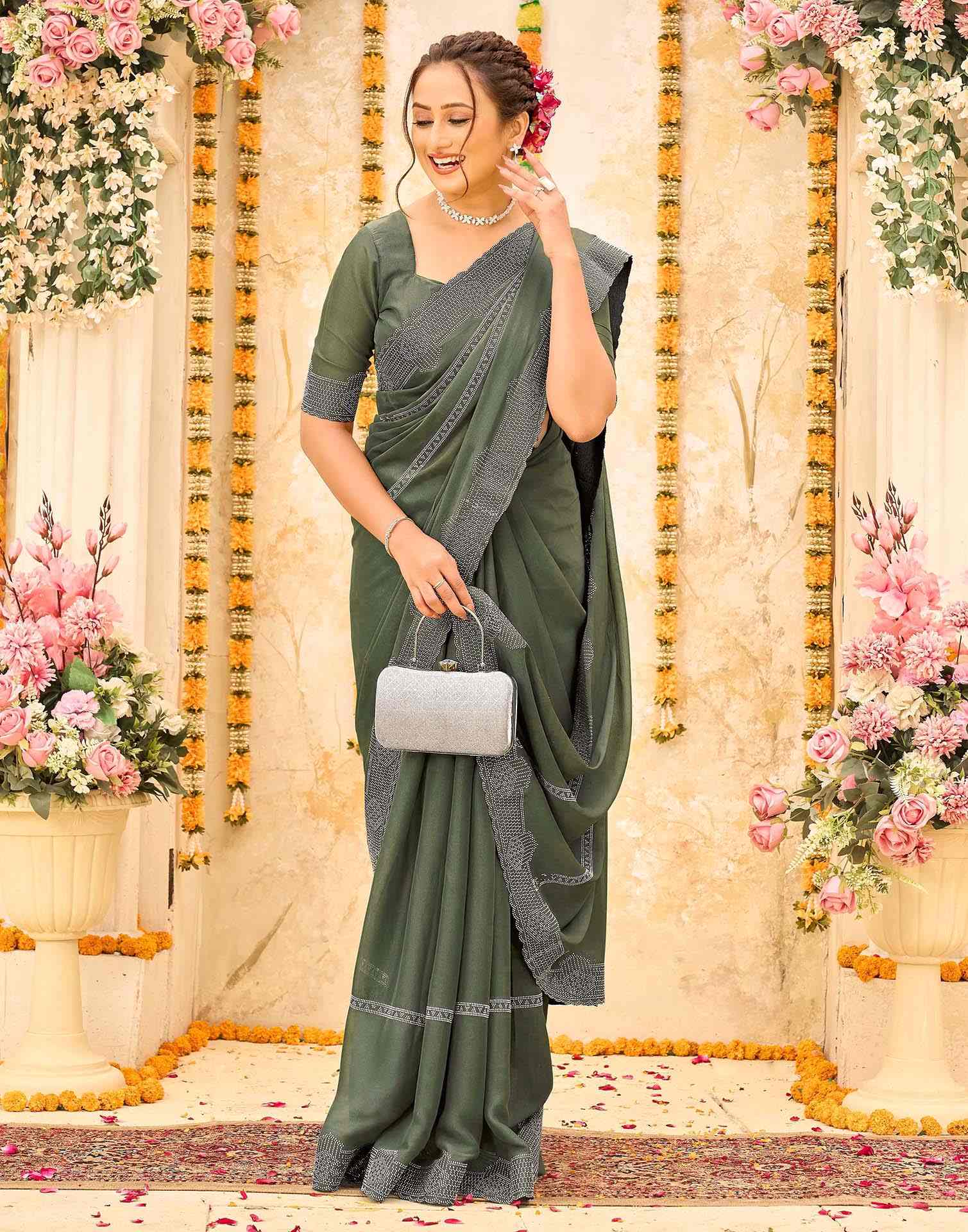 Olive Green Shimmer Stone Work Swarovski Saree