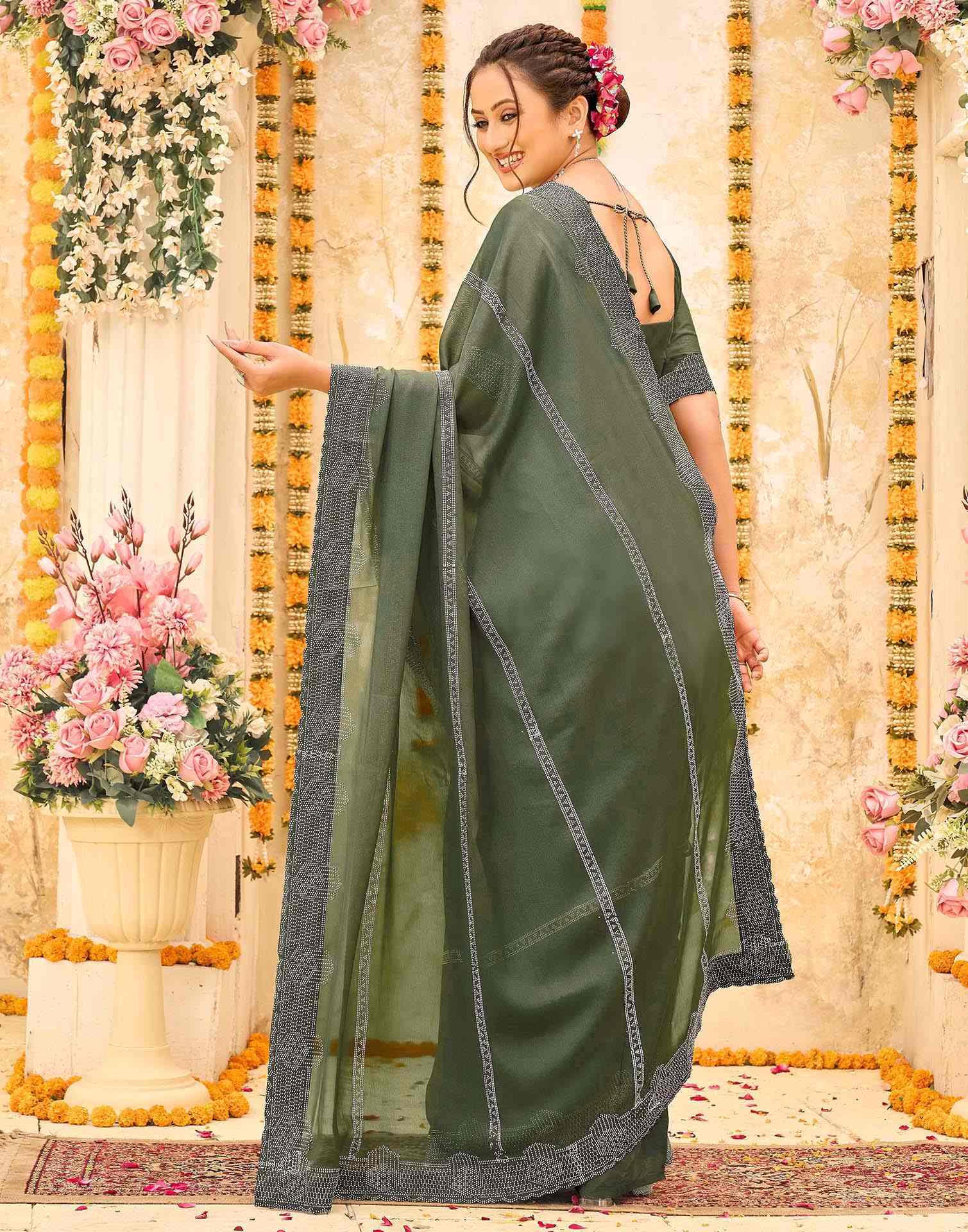 Olive Green Shimmer Stone Work Swarovski Saree