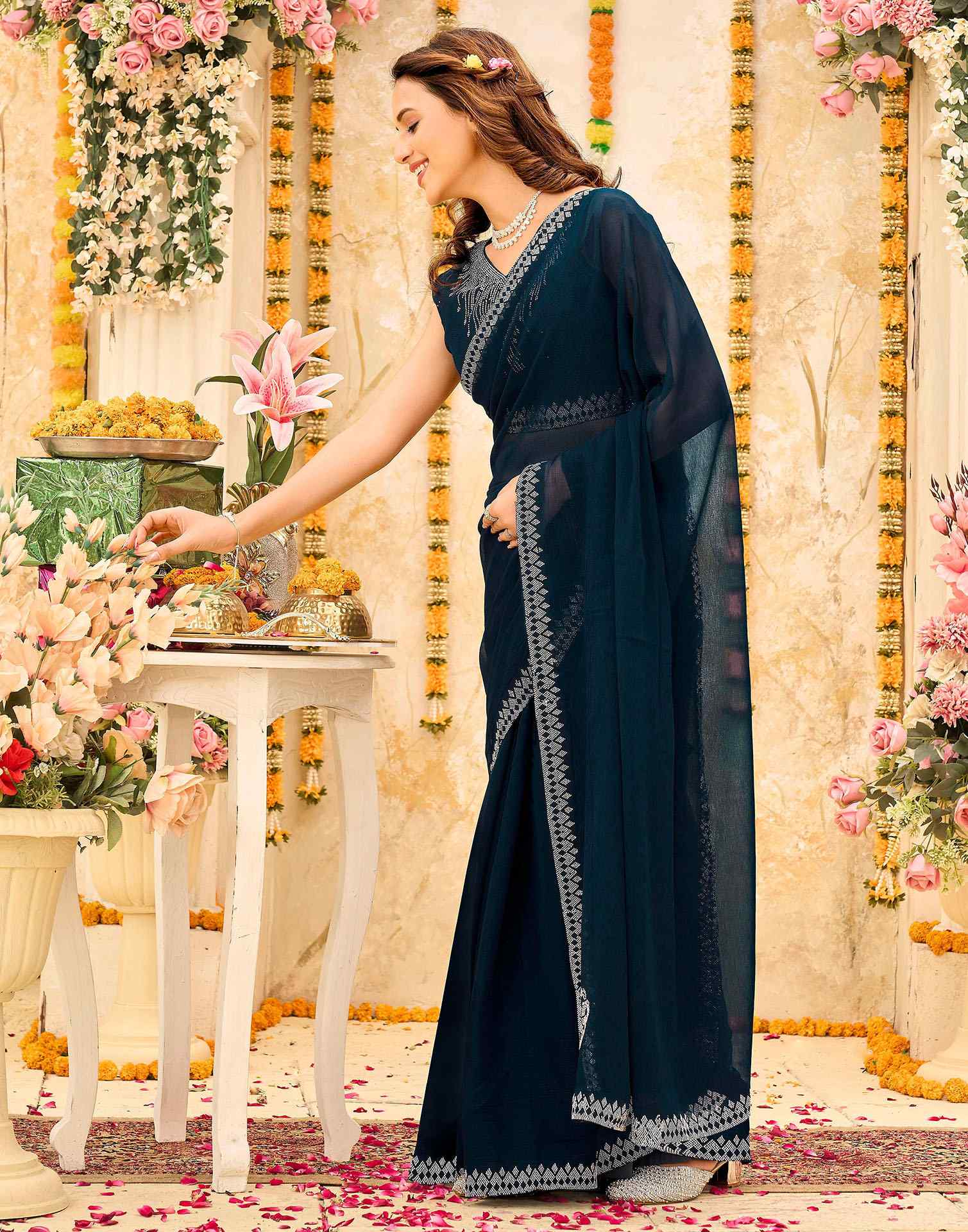 Navy Blue Shimmer Stone Work Swarovski Saree