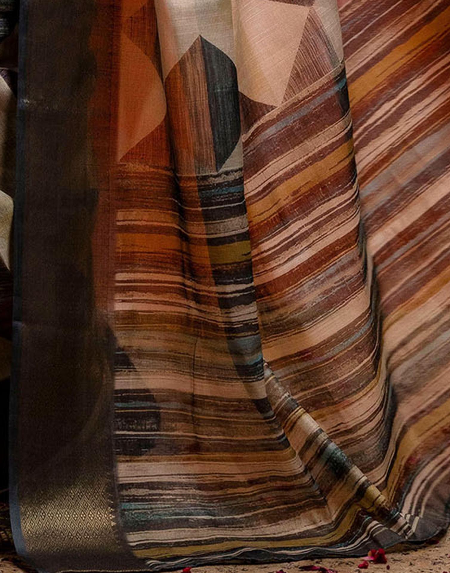 Beige Cotton Printed Woven Saree