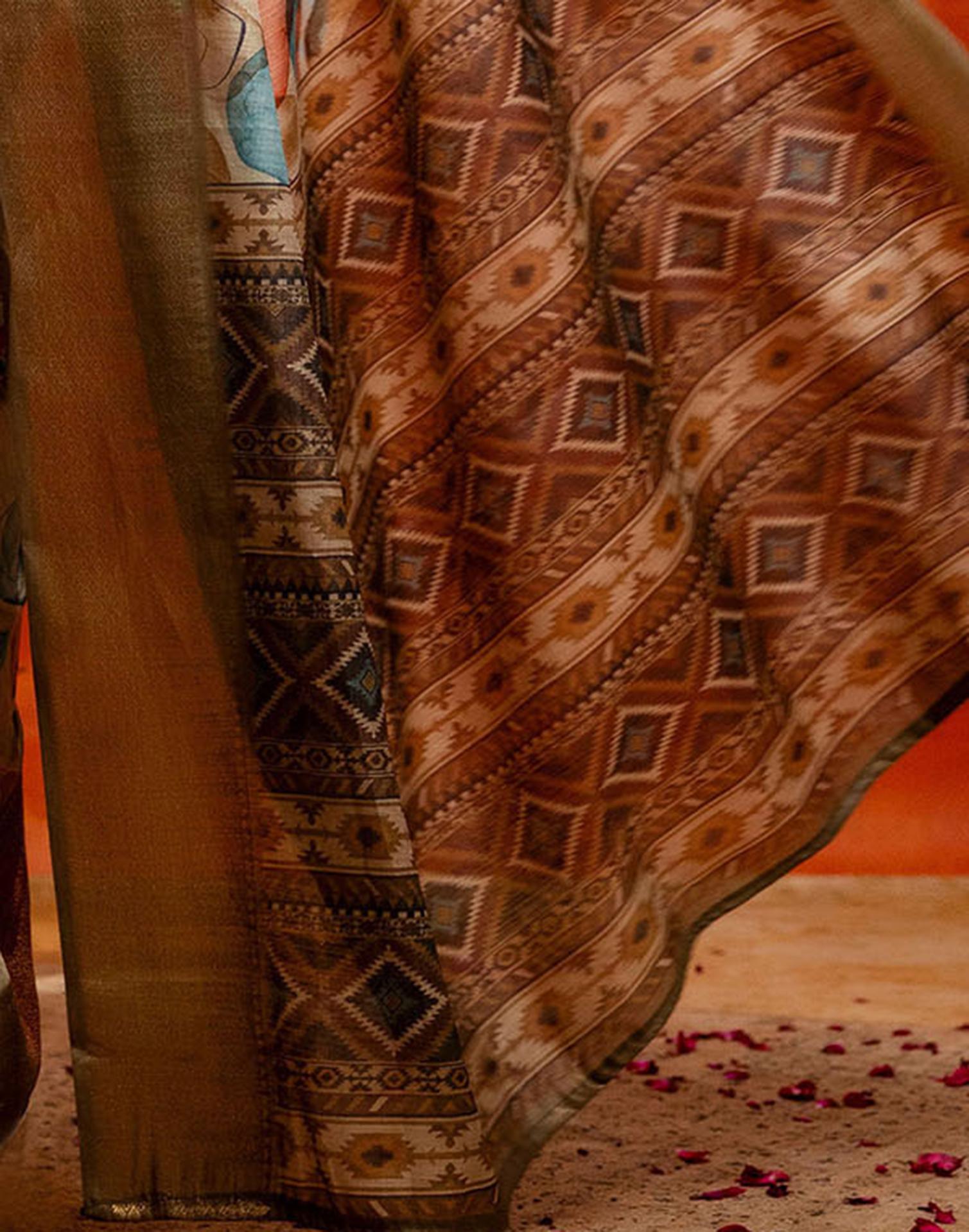 Beige Cotton Printed Woven Saree