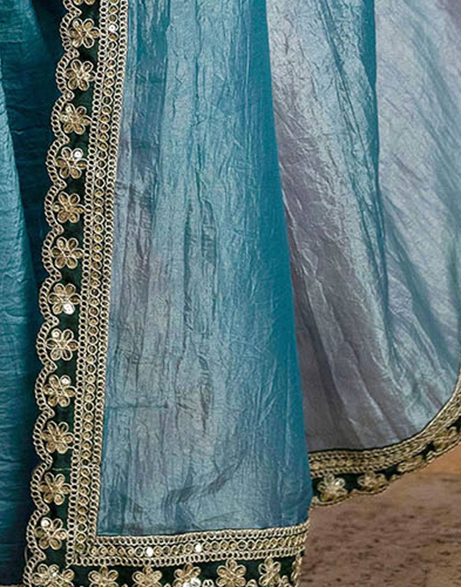 Teal Blue Crush Tissue Sequence Lace Saree