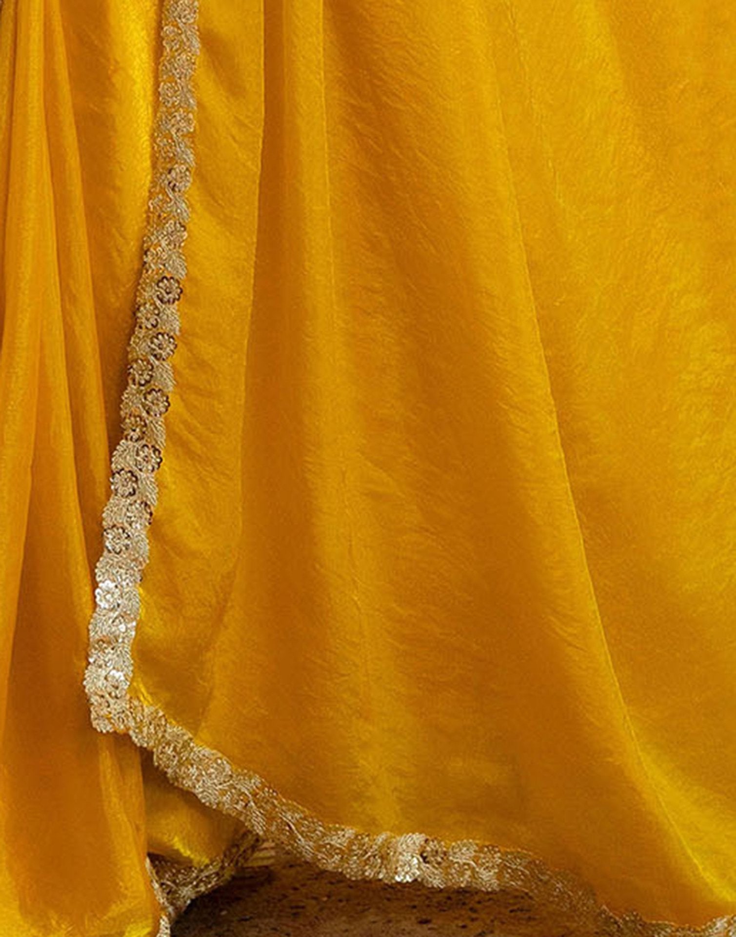 Yellow Silk Embroidery lace Saree