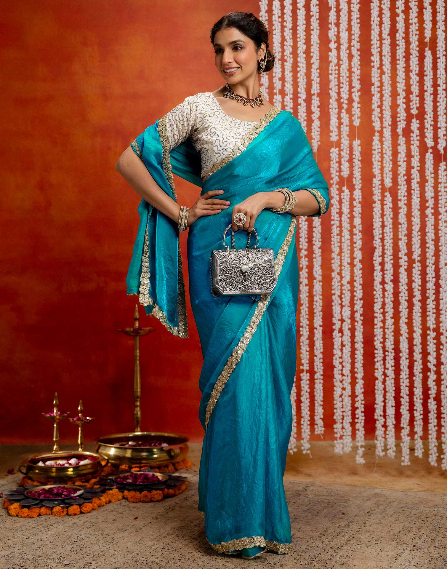 Teal Blue Silk Embroidery lace Saree