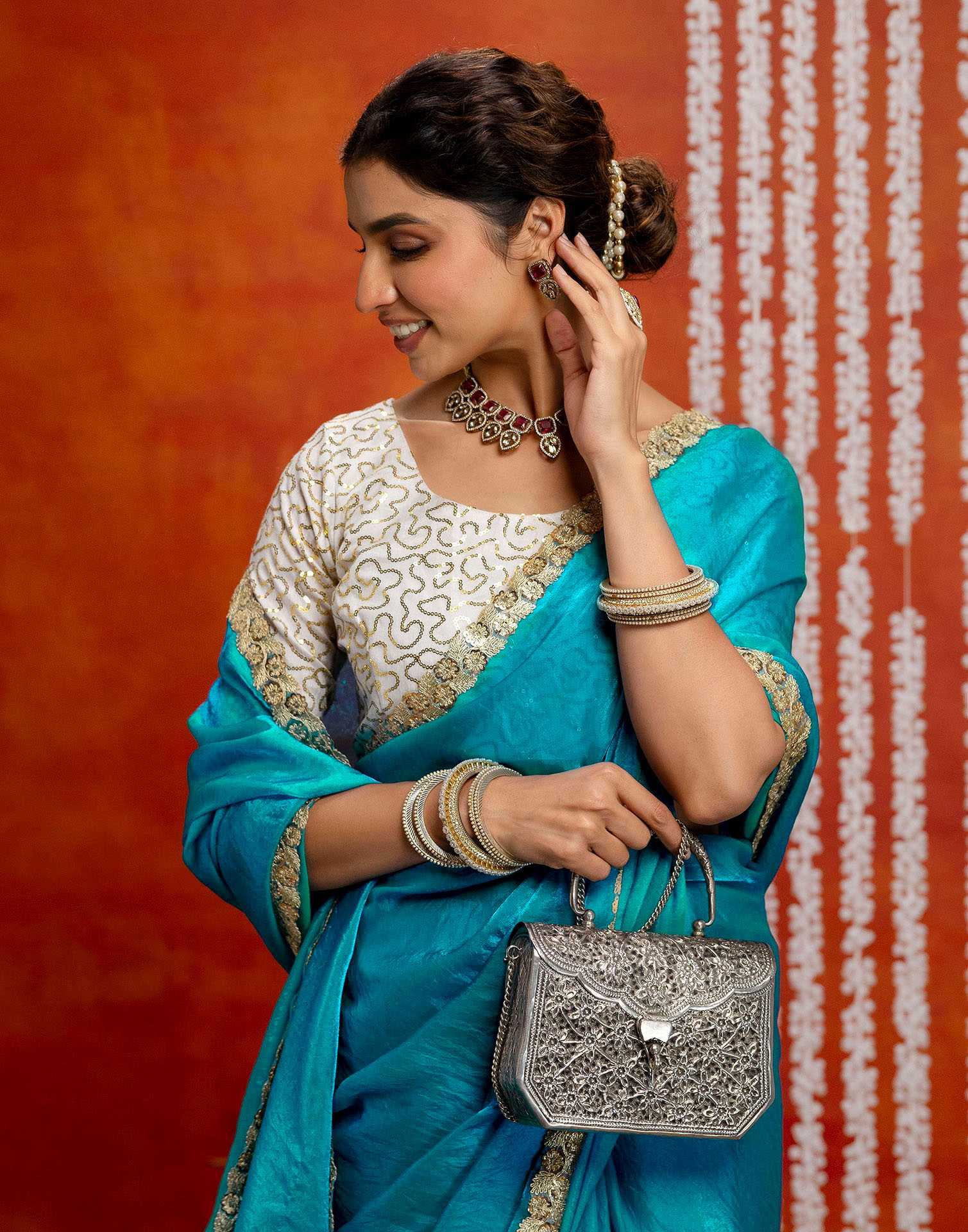 Teal Blue Silk Embroidery lace Saree