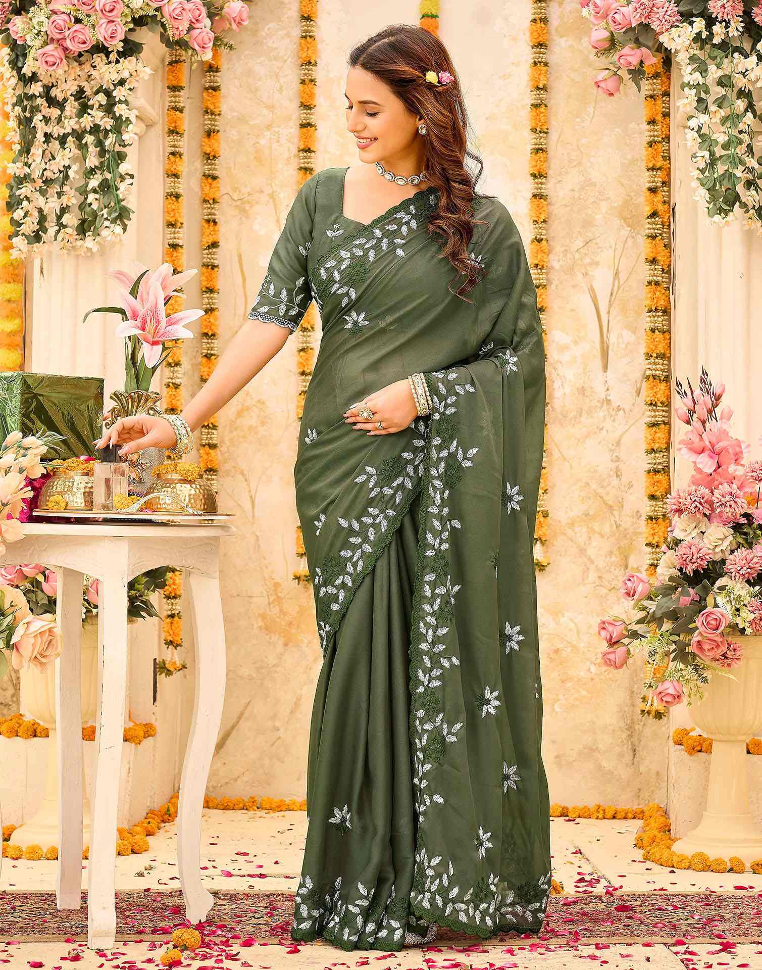 Olive Green Georgette Embroidery Saree