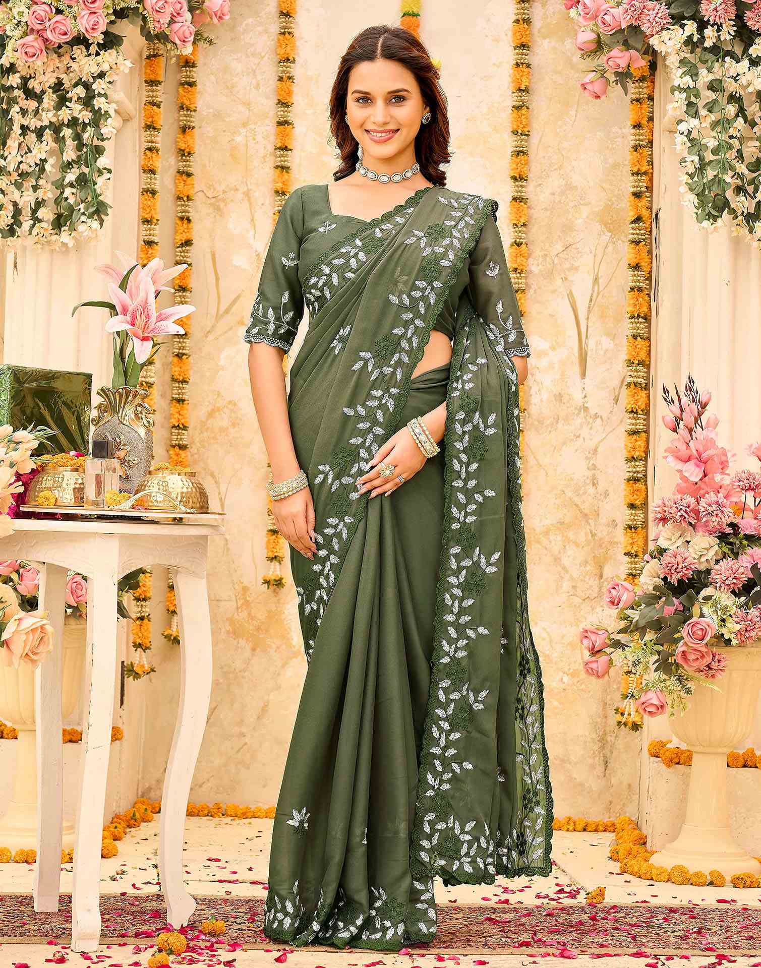 Olive Green Georgette Embroidery Saree