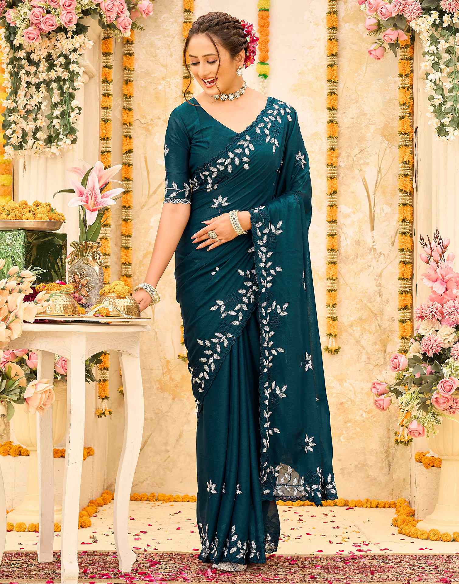Rama Blue Georgette Embroidery Saree