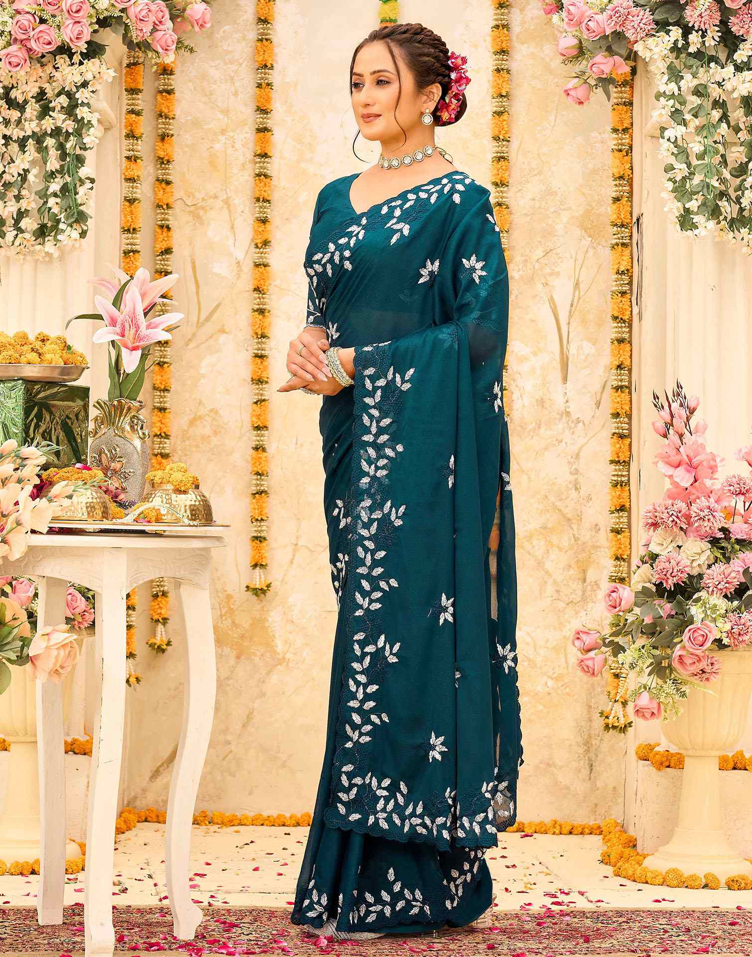 Rama Blue Georgette Embroidery Saree