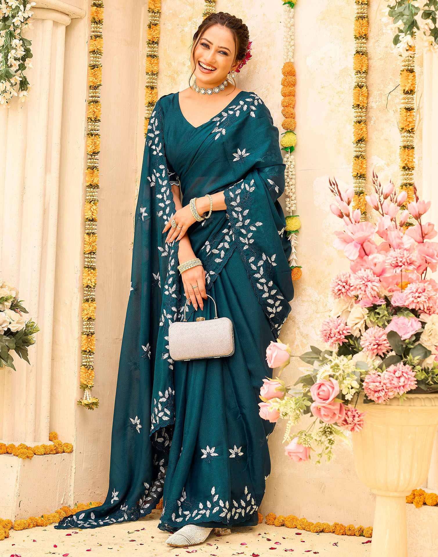 Rama Blue Georgette Embroidery Saree