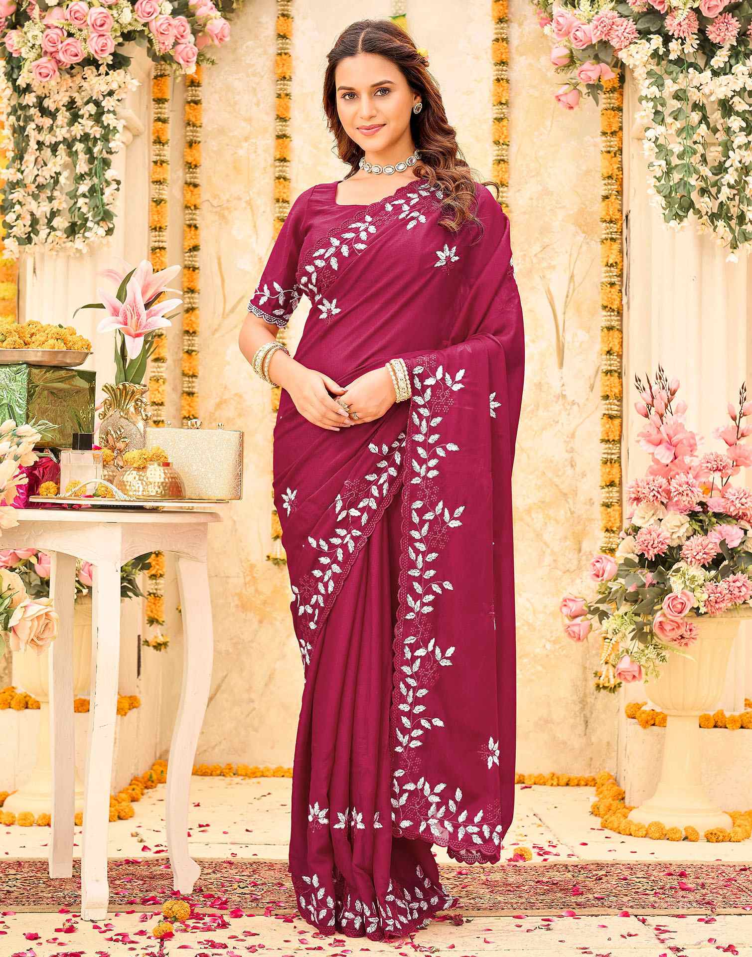 Pink Georgette Embroidery Saree
