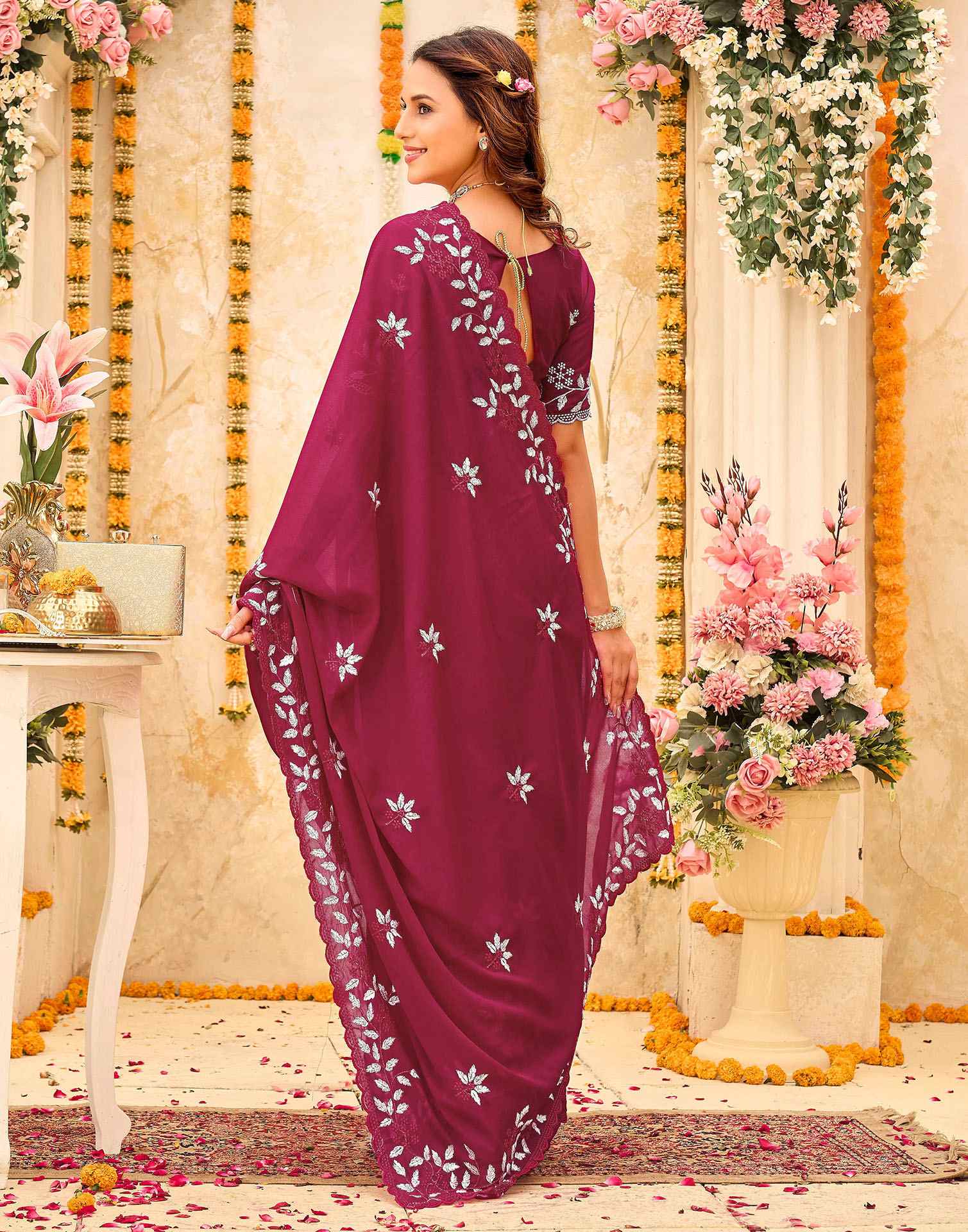 Pink Georgette Embroidery Saree