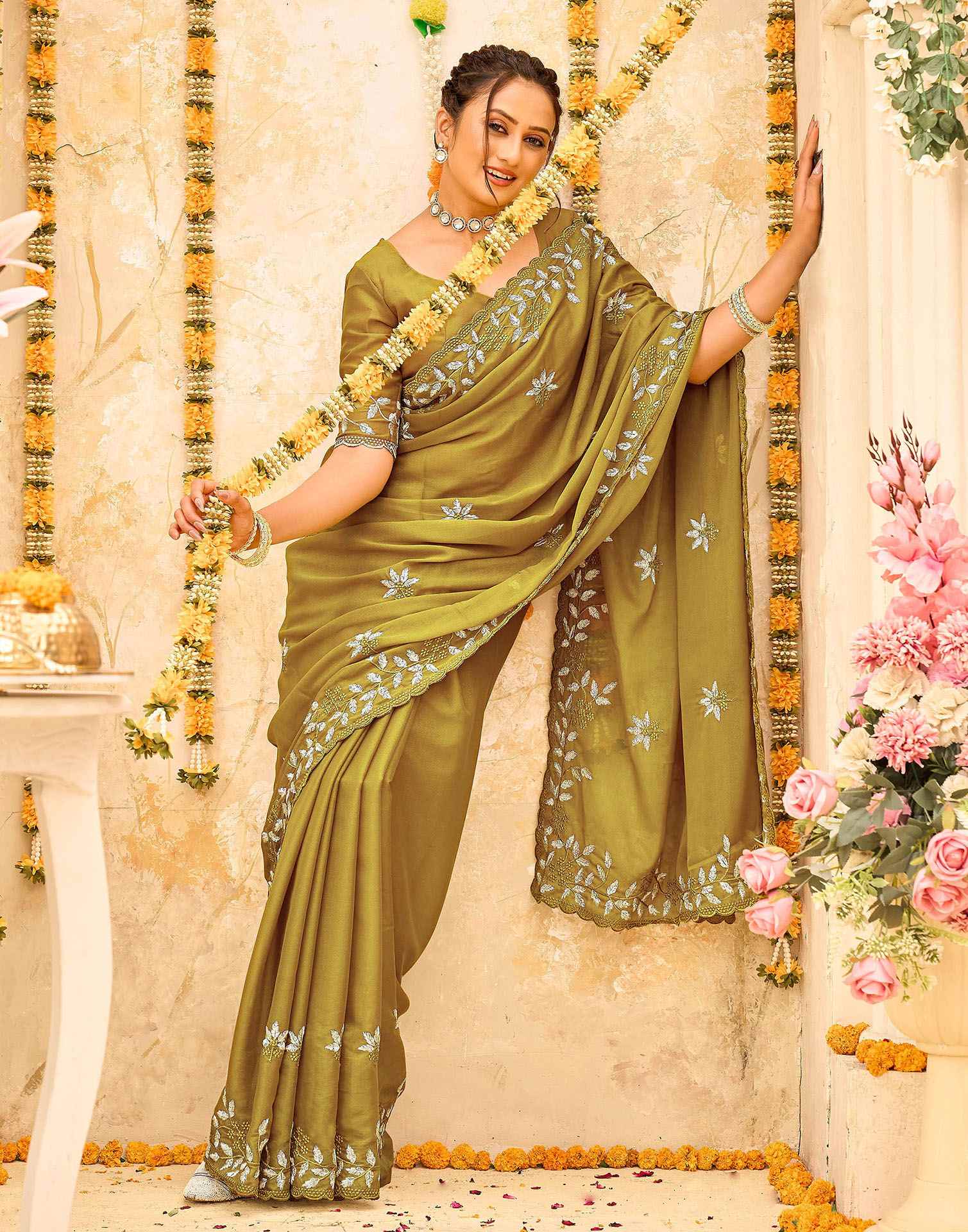 Green Georgette Embroidery Saree