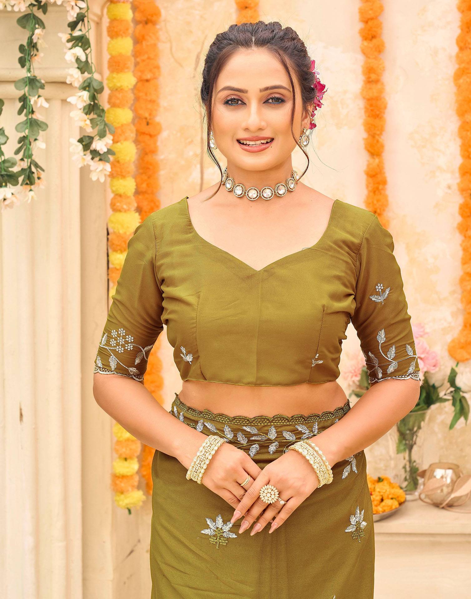 Green Georgette Embroidery Saree