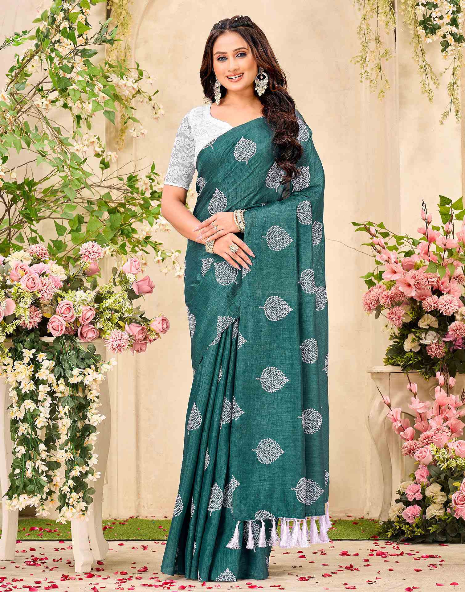 Rama Green Vichitra Silk Printed Saree