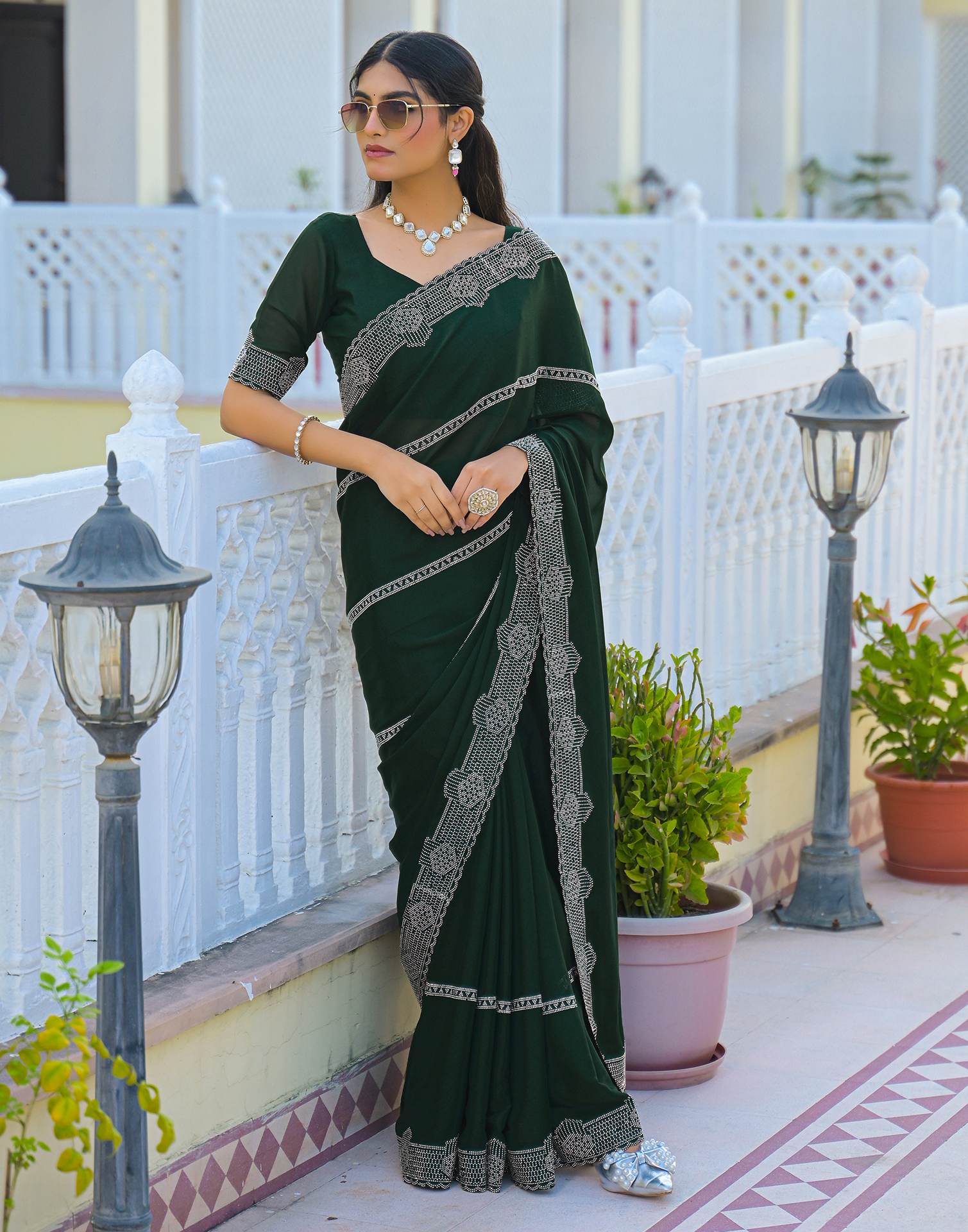 Bottle Green Shimmer Stone Work Embellished Saree