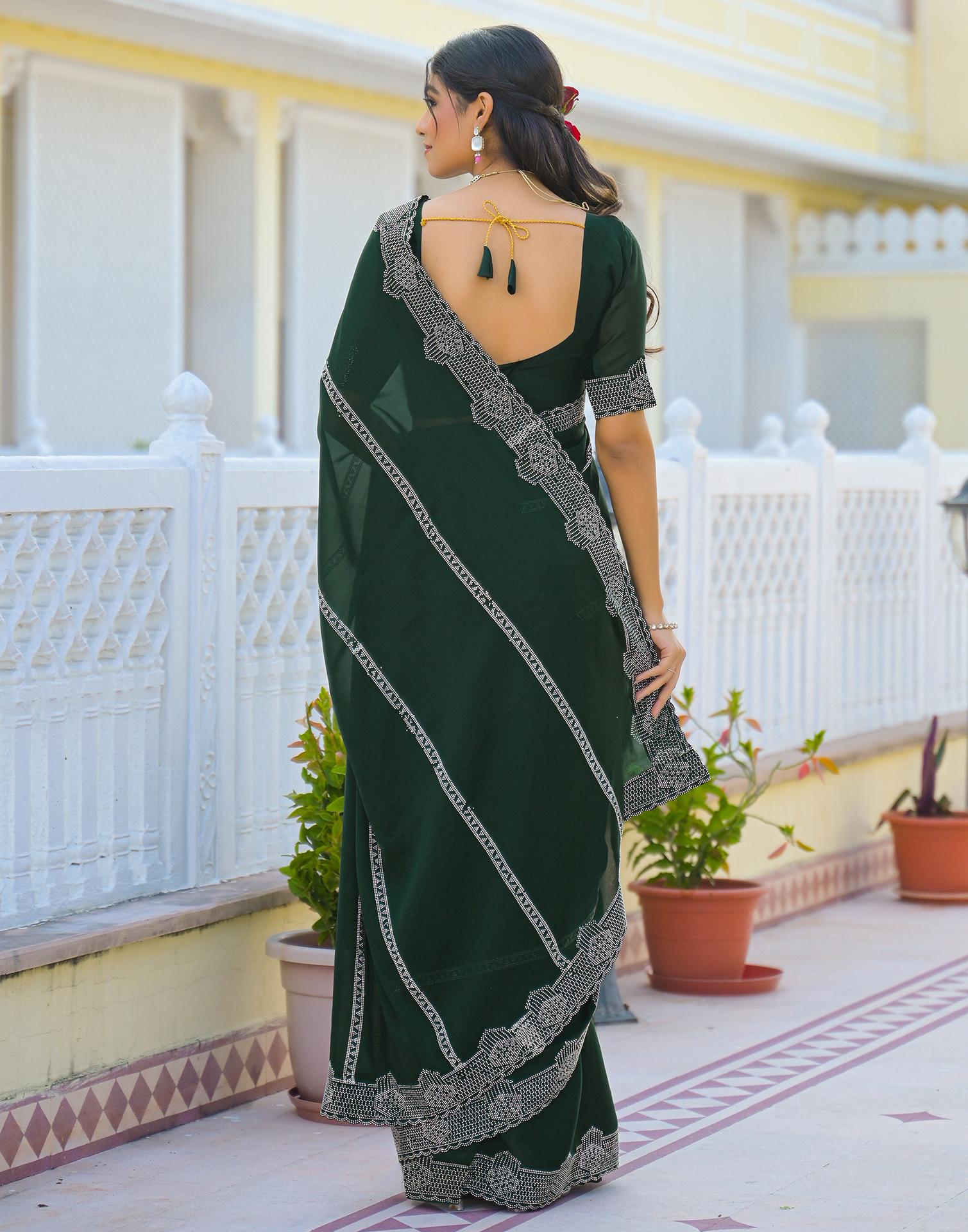 Bottle Green Shimmer Stone Work Embellished Saree