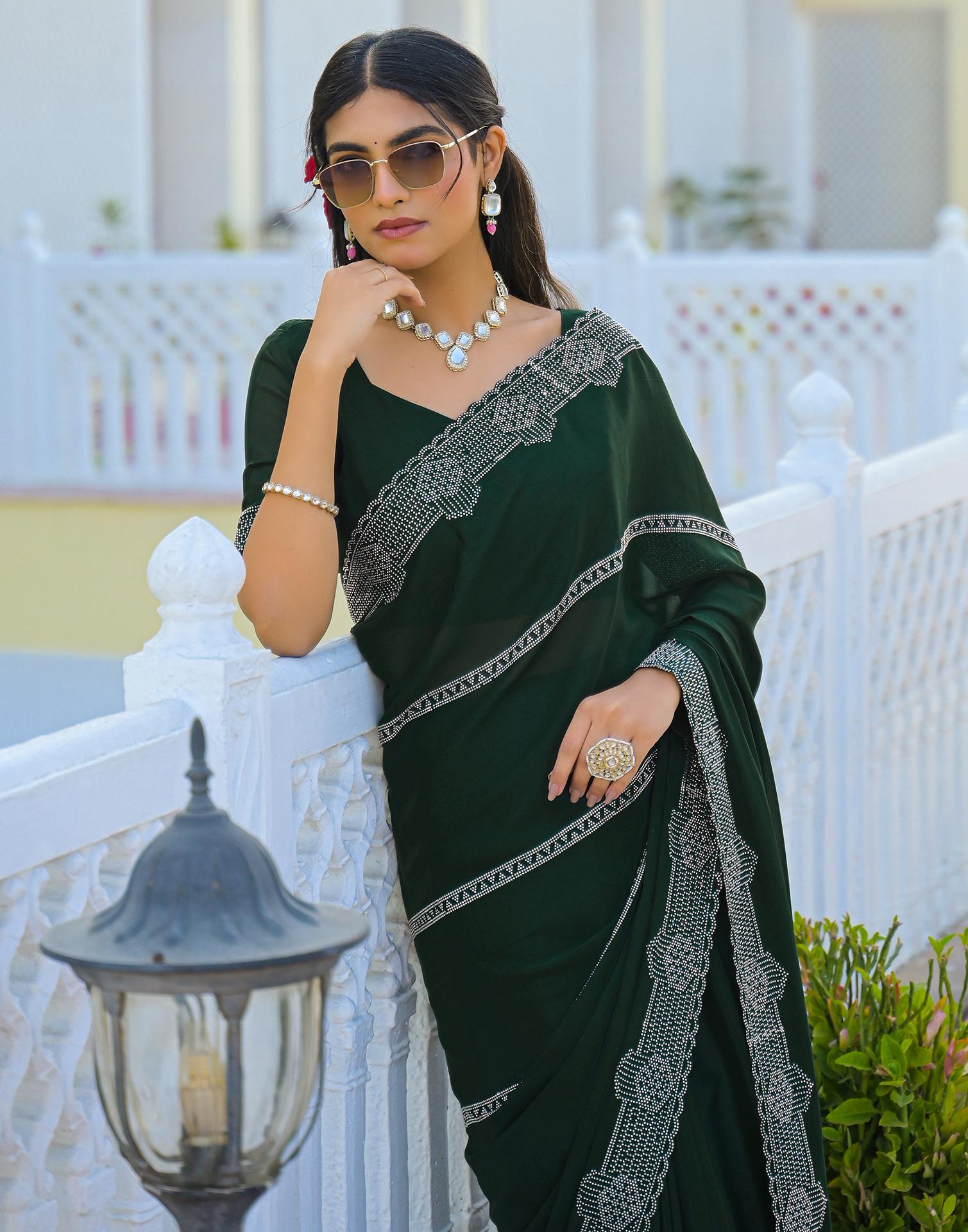Bottle Green Shimmer Stone Work Embellished Saree