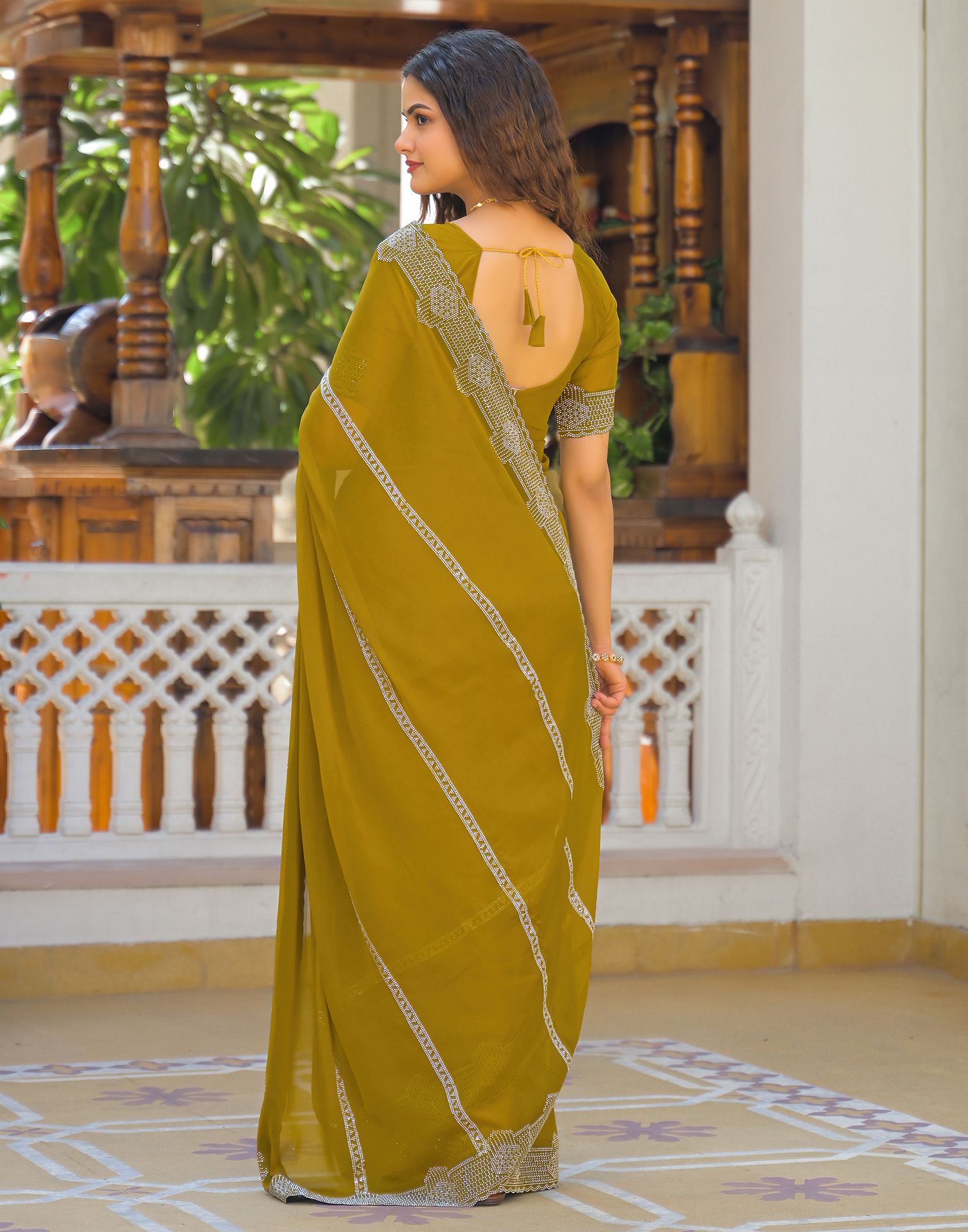 Mustard Yellow Shimmer Stone Work Embellished Saree
