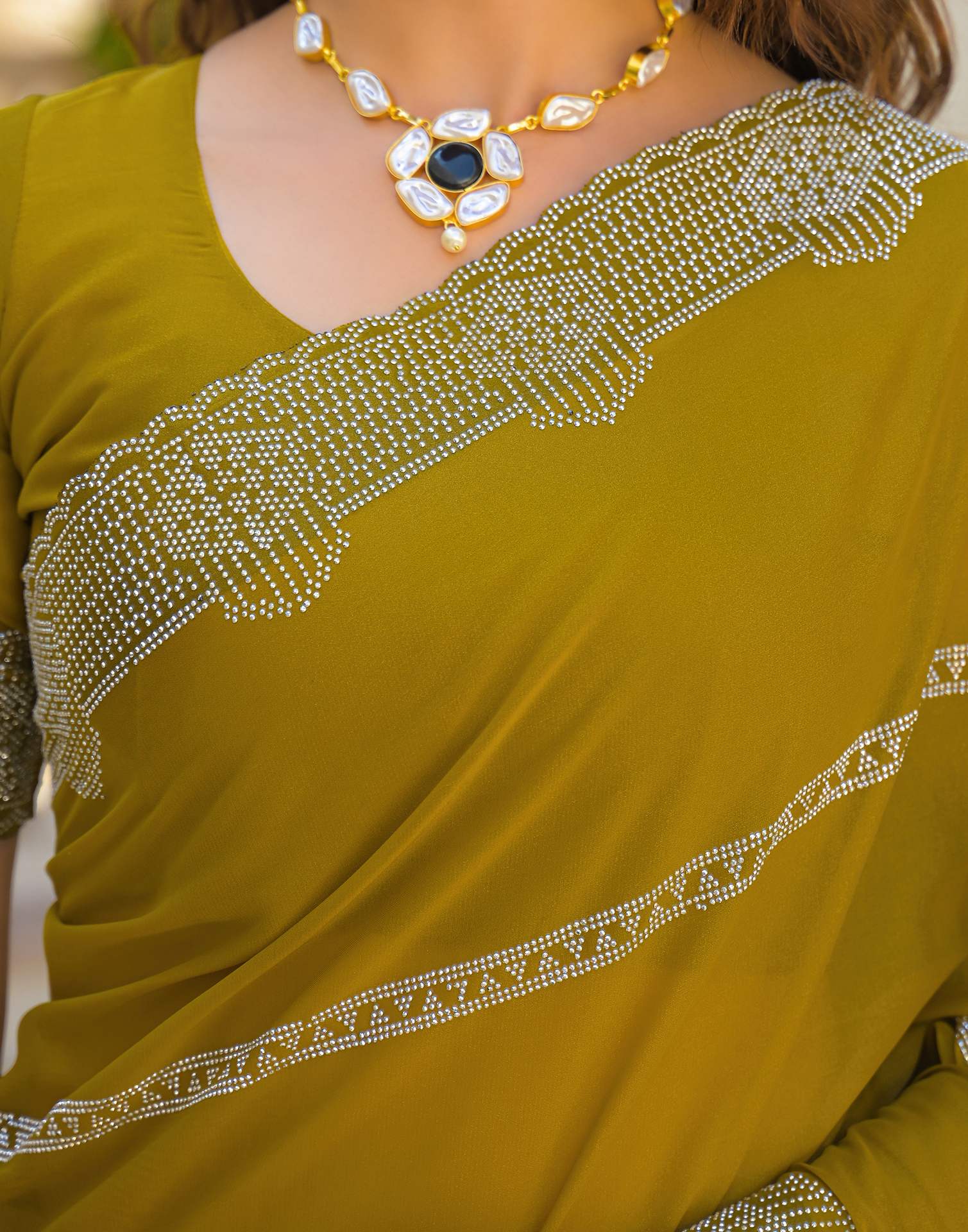 Mustard Yellow Shimmer Stone Work Embellished Saree