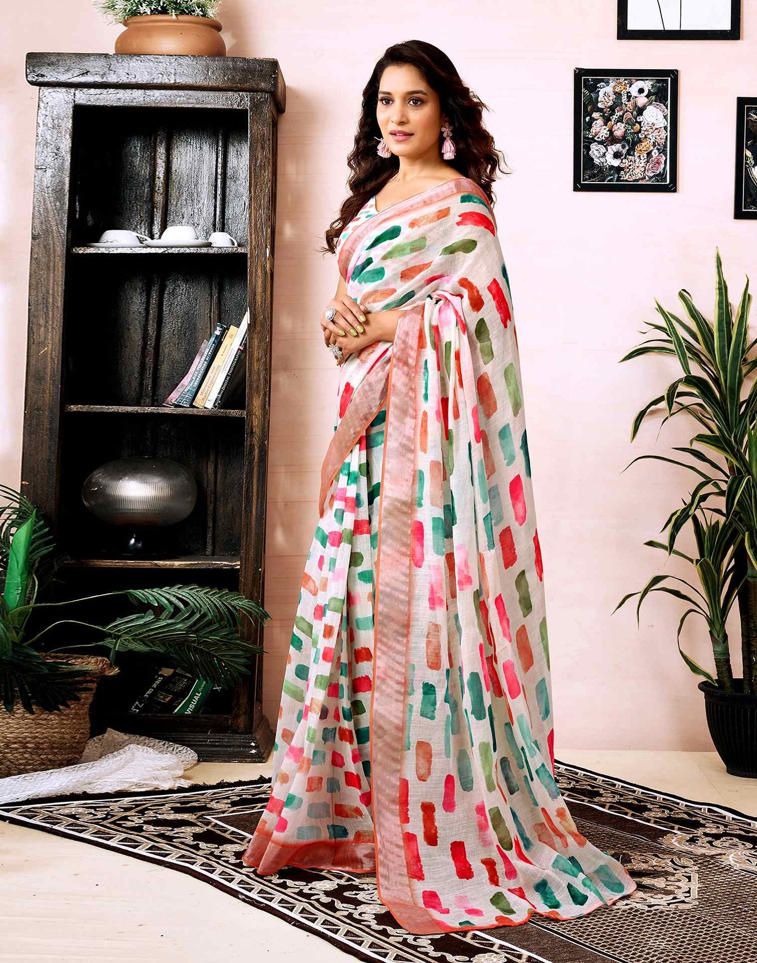 Ready To Wear White Linen Printed Saree With Pocket
