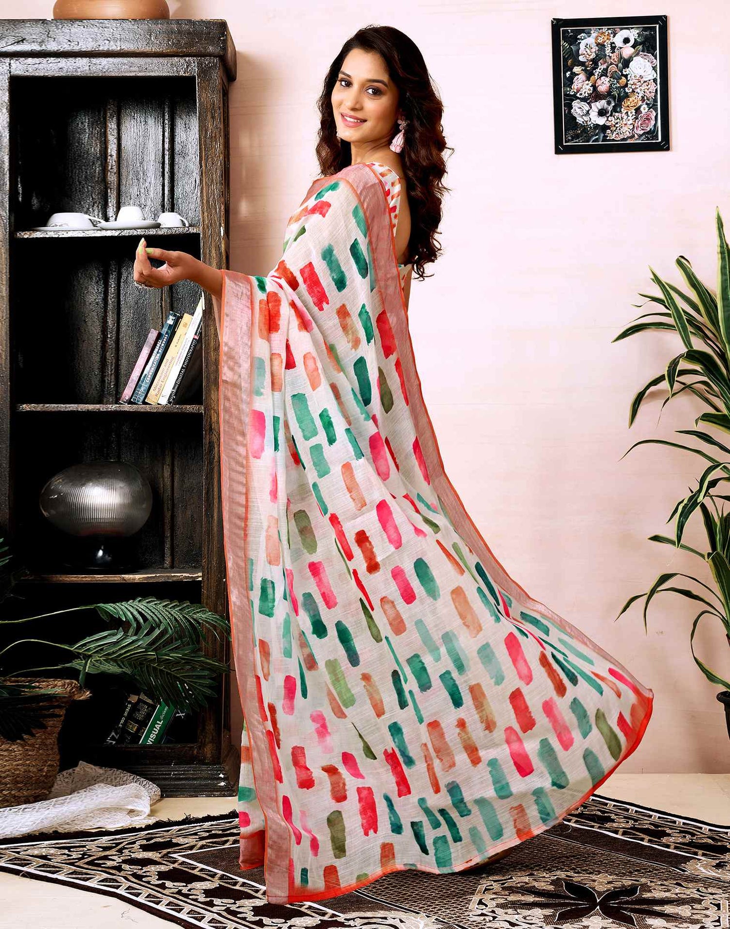 Ready To Wear White Linen Printed Saree With Pocket