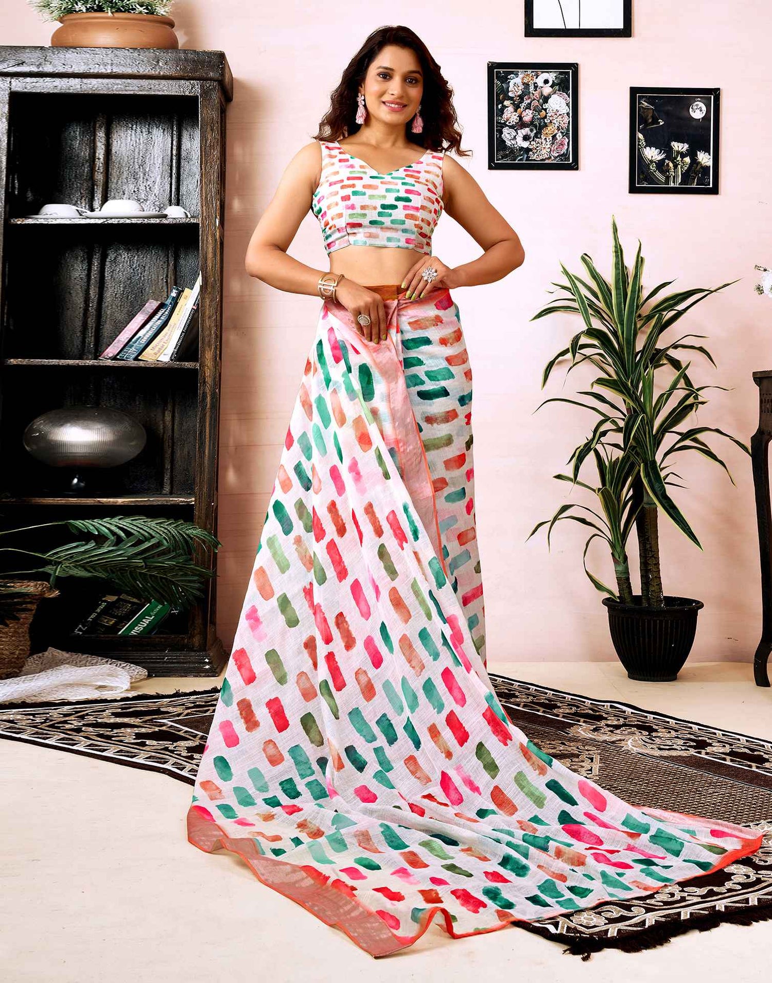 Ready To Wear White Linen Printed Saree With Pocket
