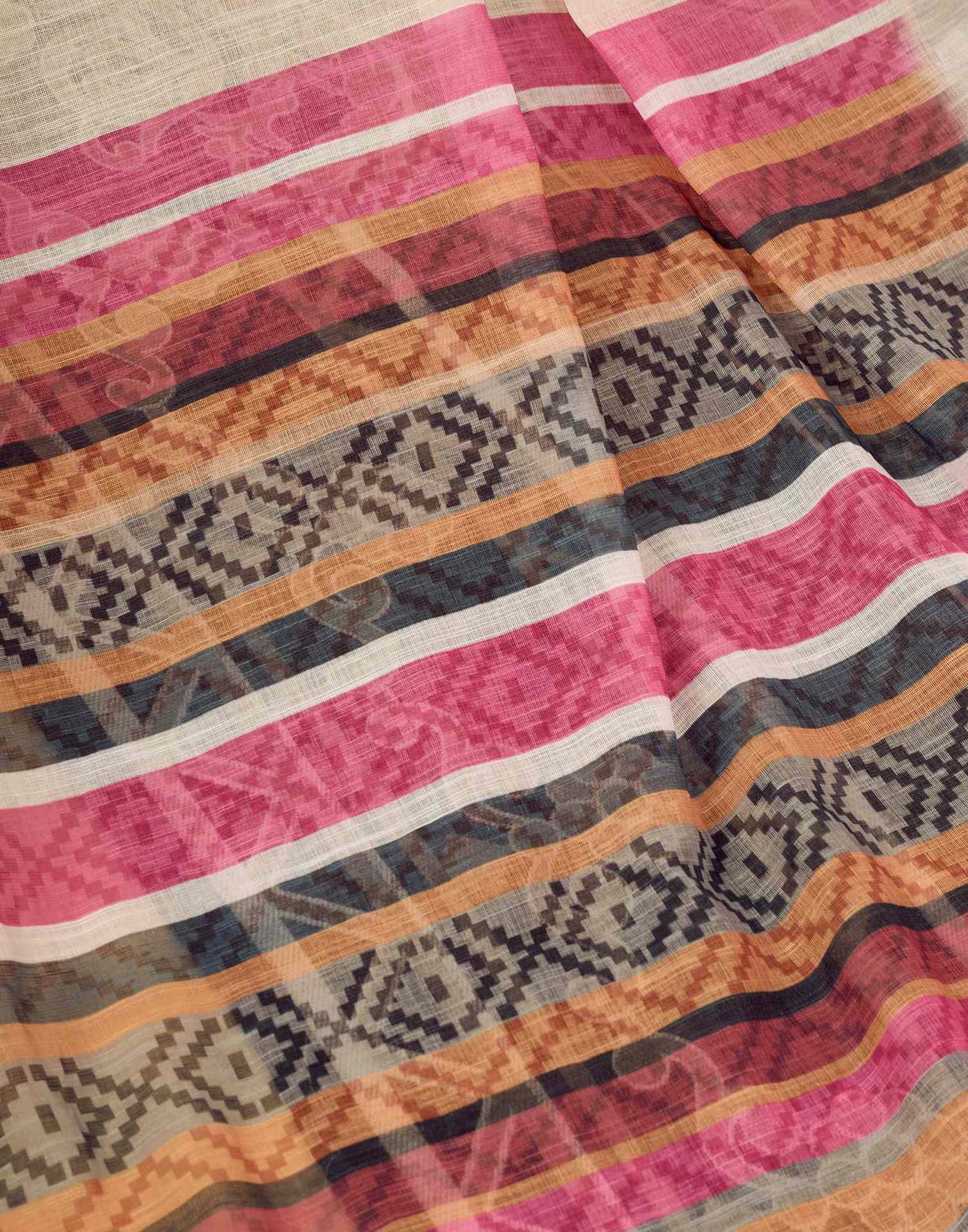 Ready To Wear Cream Linen Printed Saree With Pocket