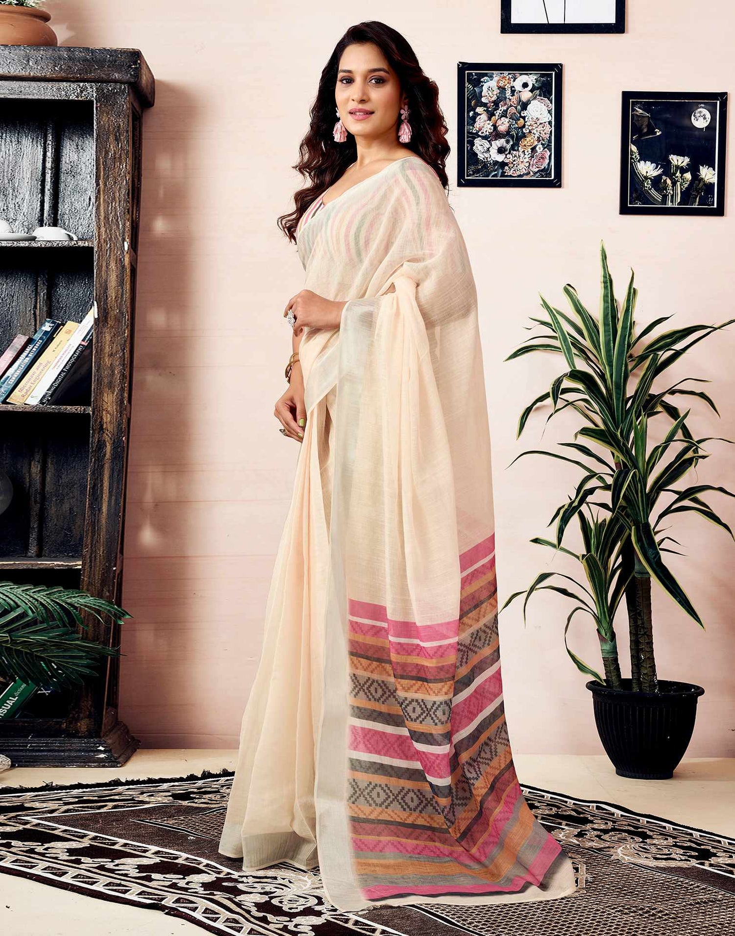 Ready To Wear Cream Linen Printed Saree With Pocket