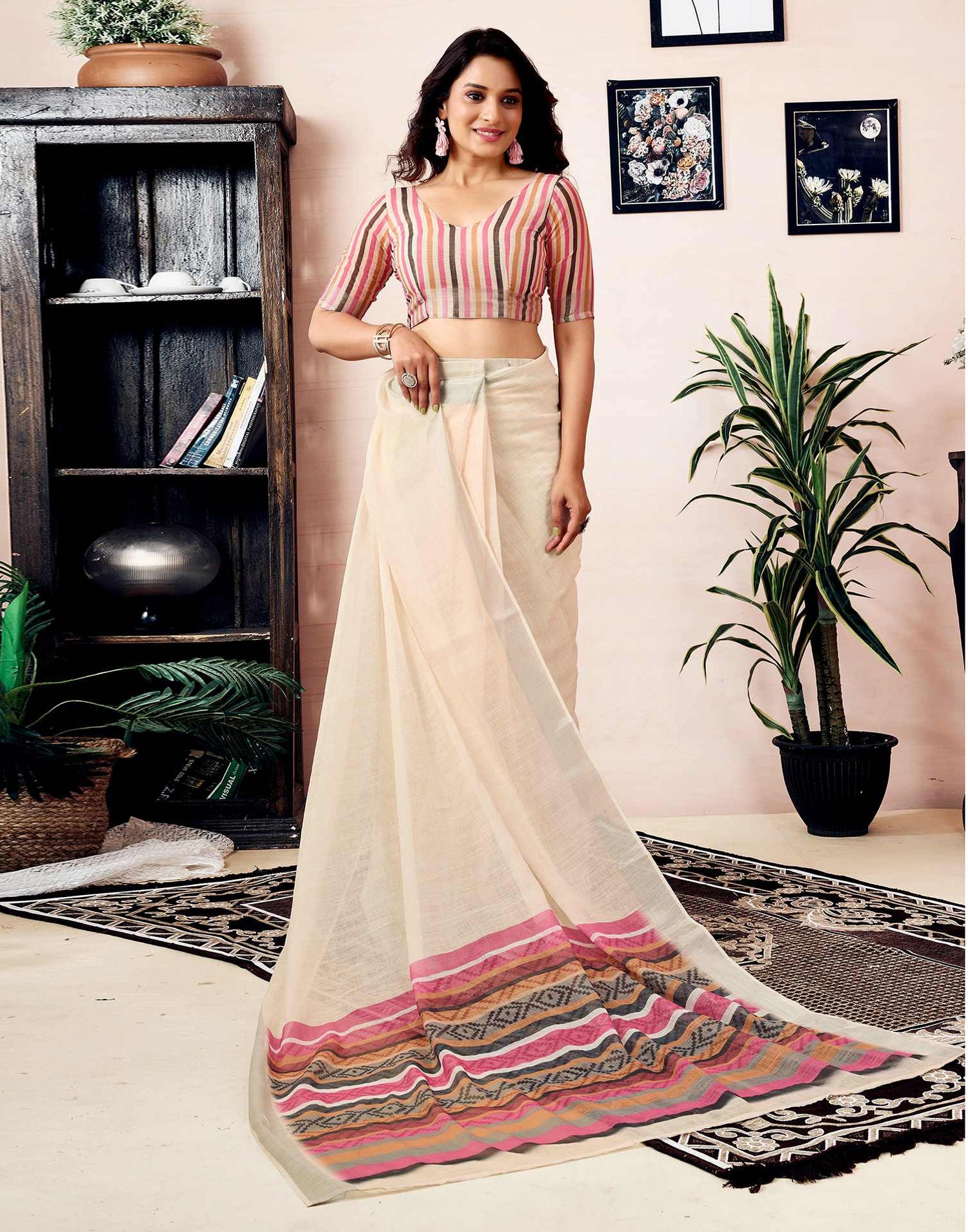 Ready To Wear Cream Linen Printed Saree With Pocket