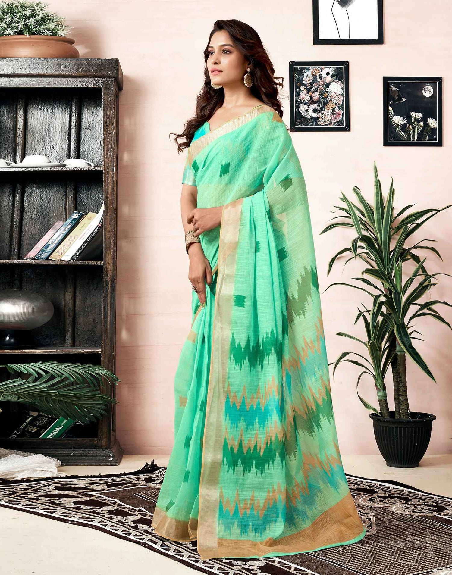 Ready To Wear Light Teal Green Linen Printed Saree With Pocket