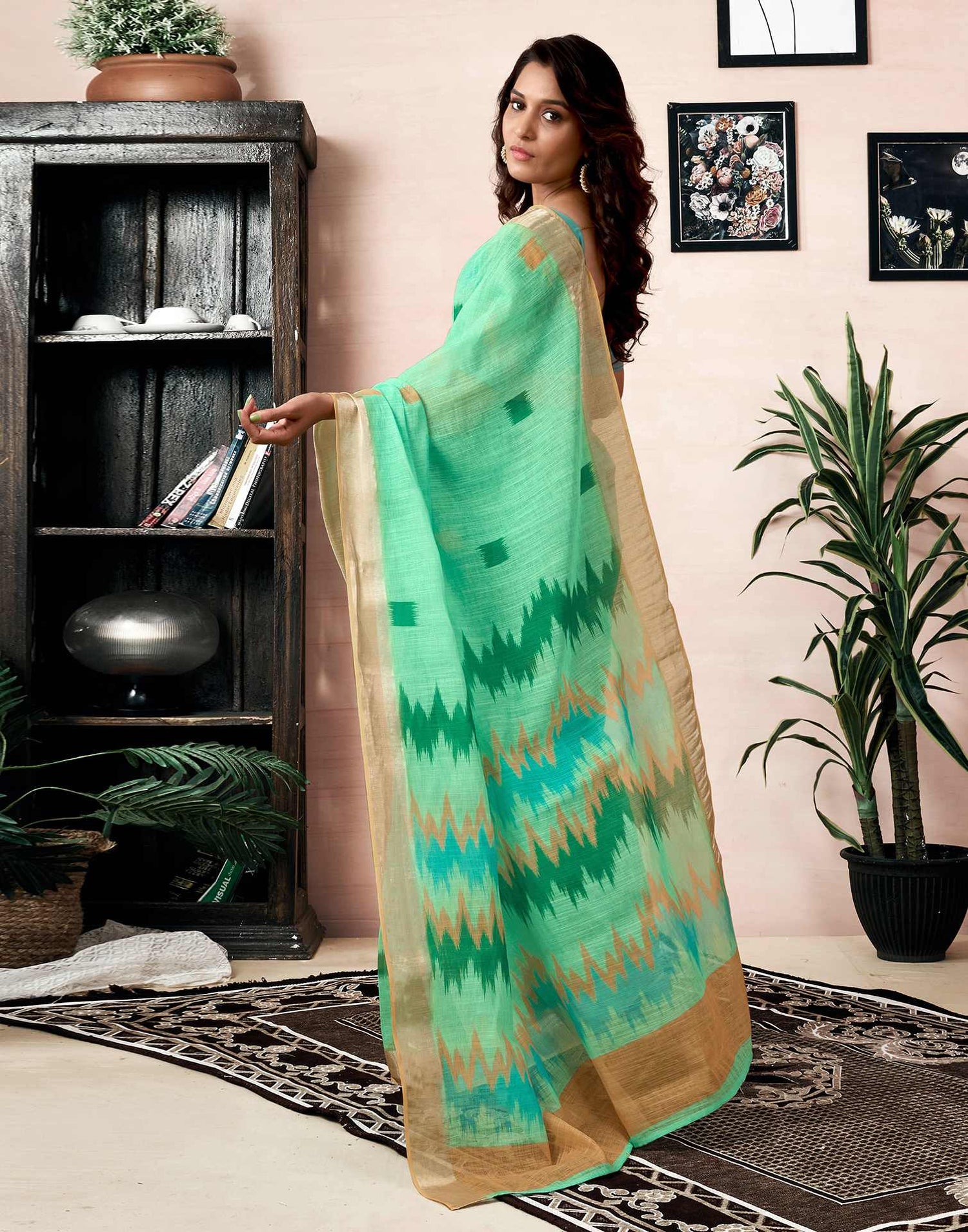 Ready To Wear Light Teal Green Linen Printed Saree With Pocket