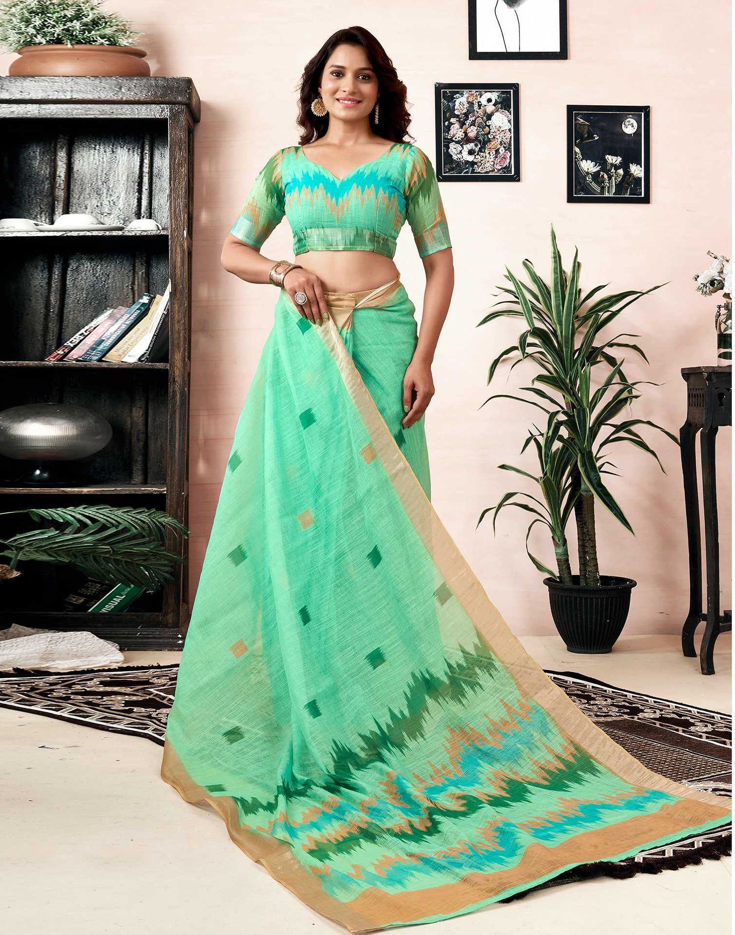 Ready To Wear Light Teal Green Linen Printed Saree With Pocket