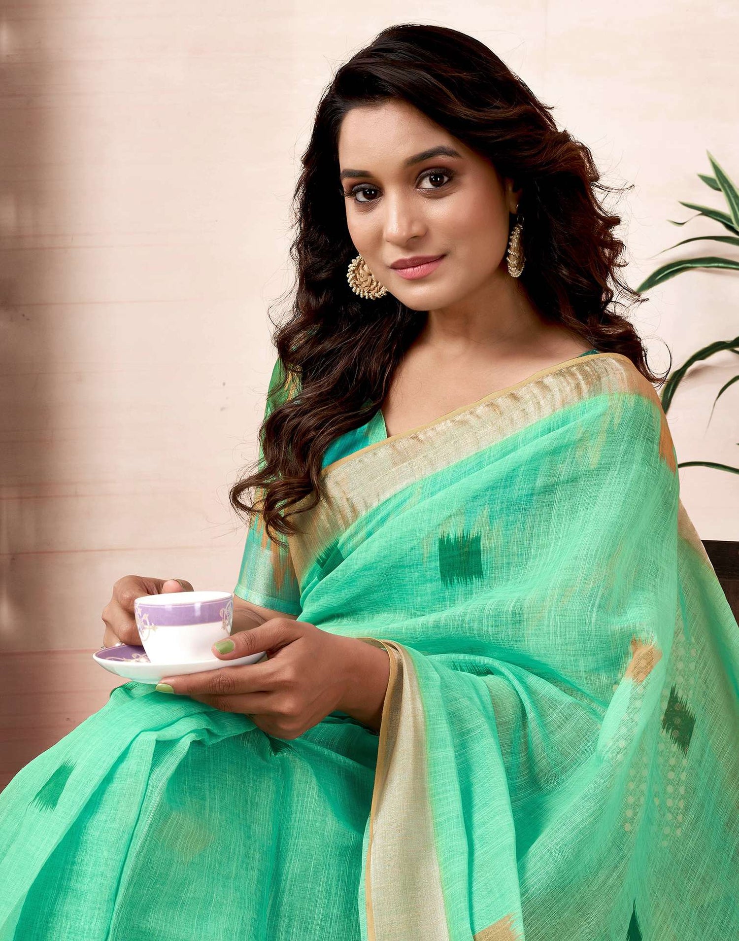 Ready To Wear Light Teal Green Linen Printed Saree With Pocket