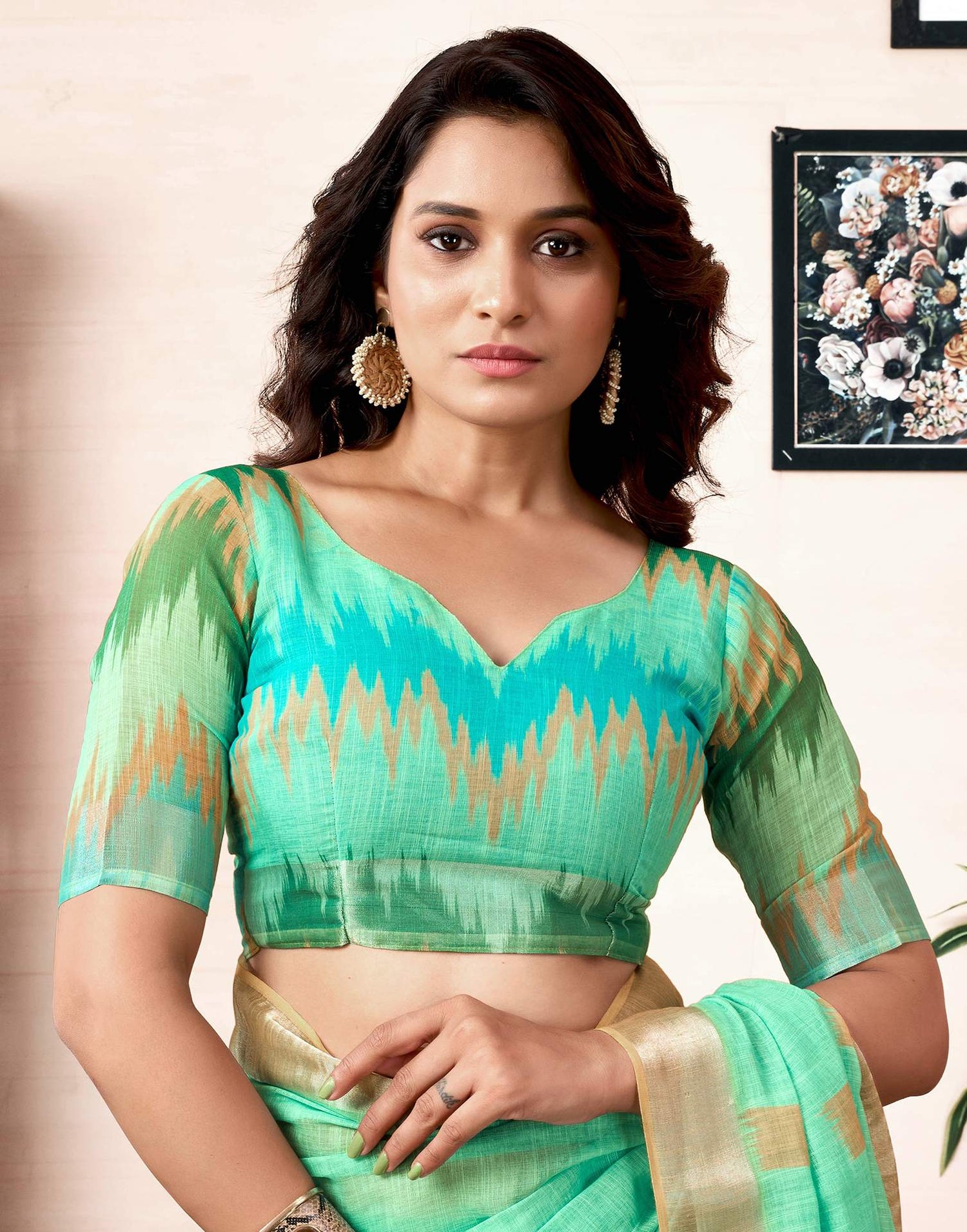 Ready To Wear Light Teal Green Linen Printed Saree With Pocket