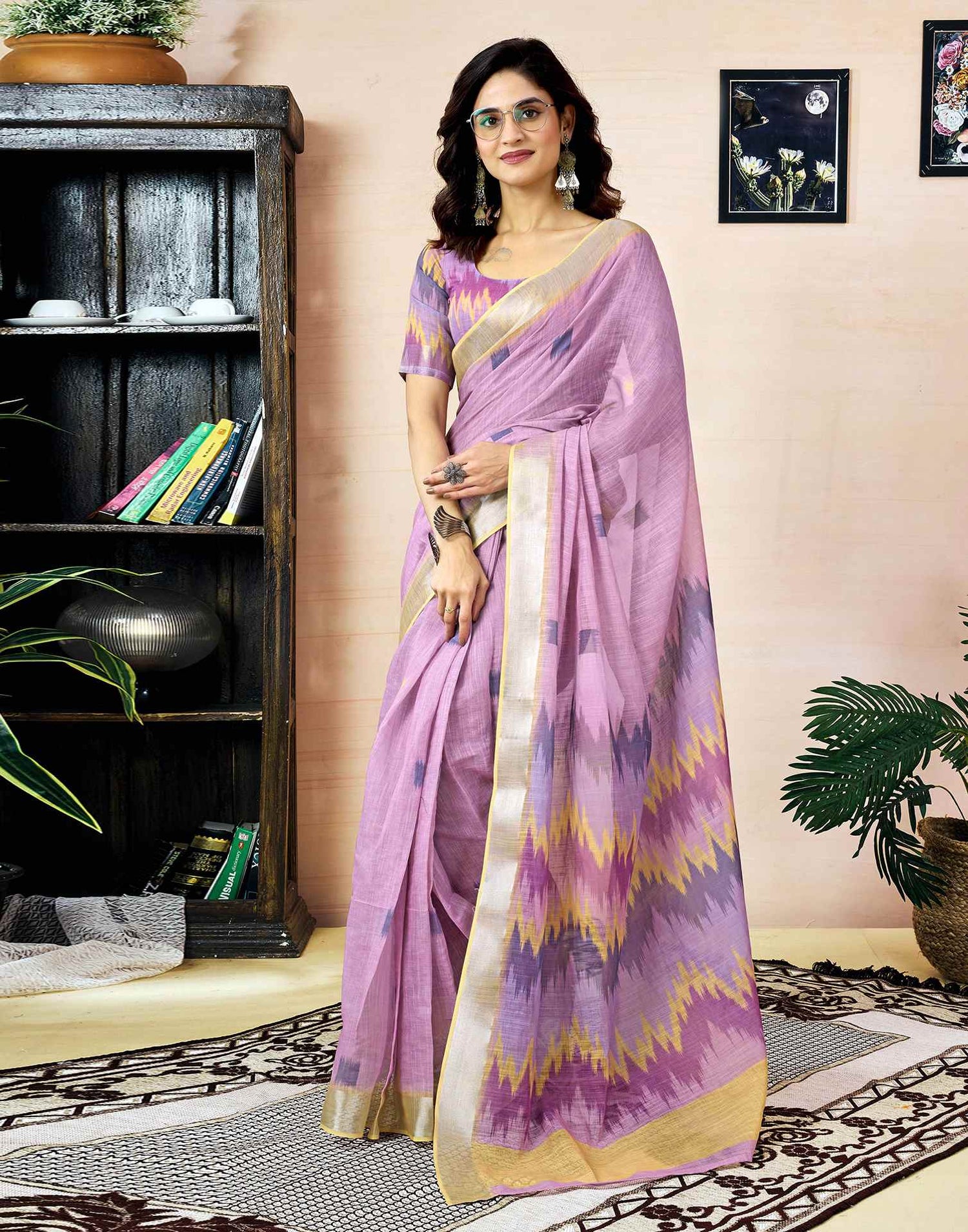 Ready To Wear Light Purple Linen Printed Saree With Pocket