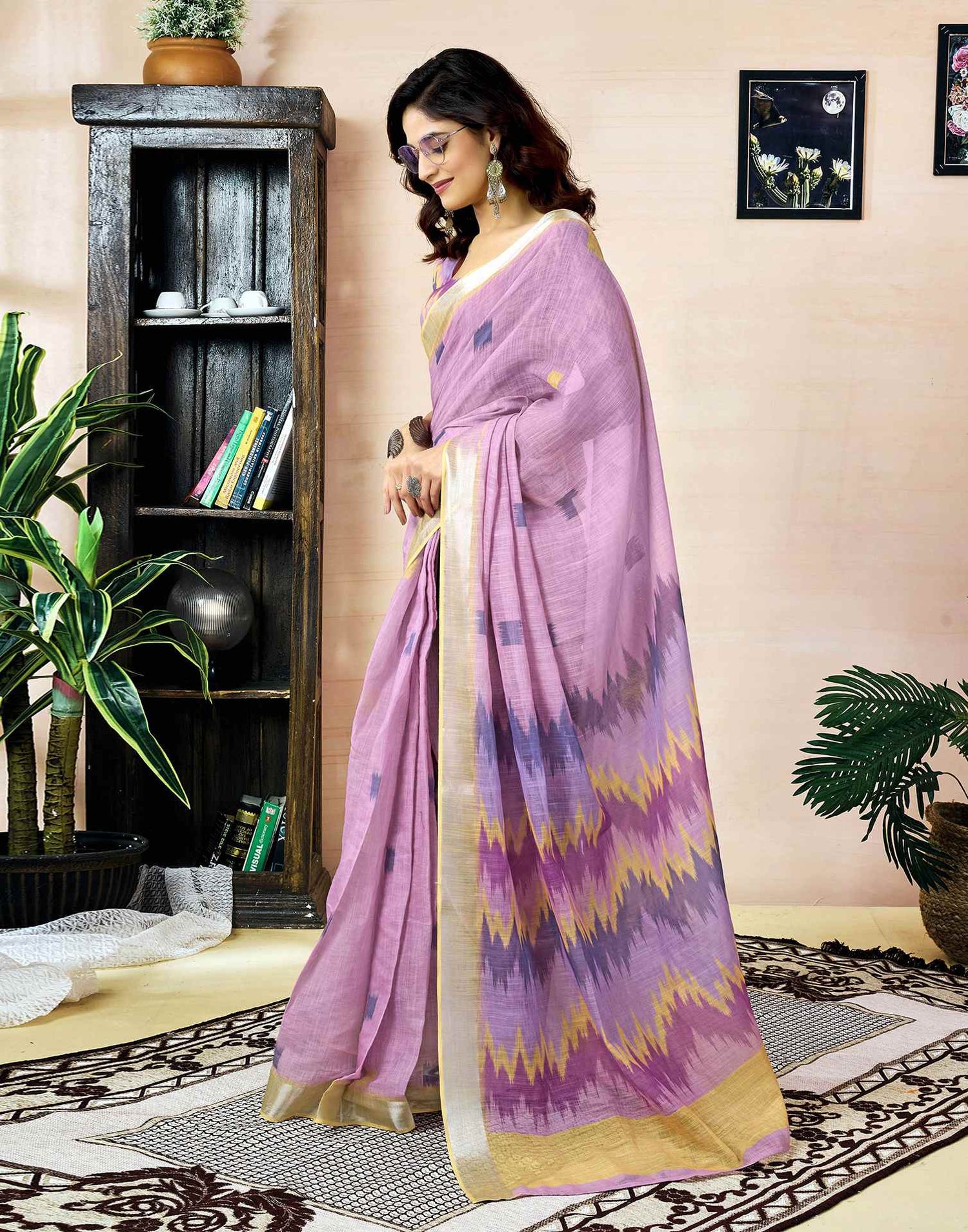 Ready To Wear Light Purple Linen Printed Saree With Pocket