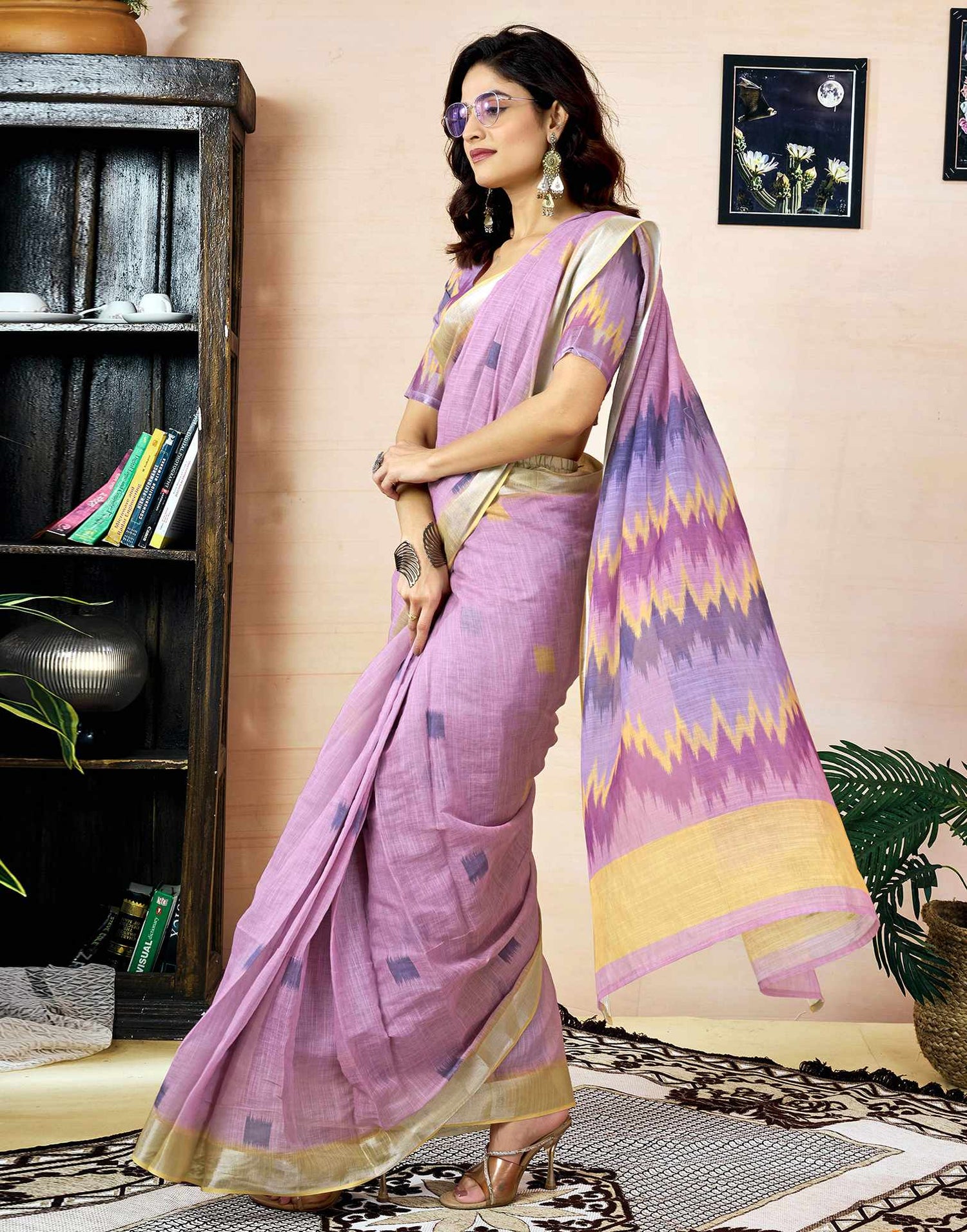 Ready To Wear Light Purple Linen Printed Saree With Pocket
