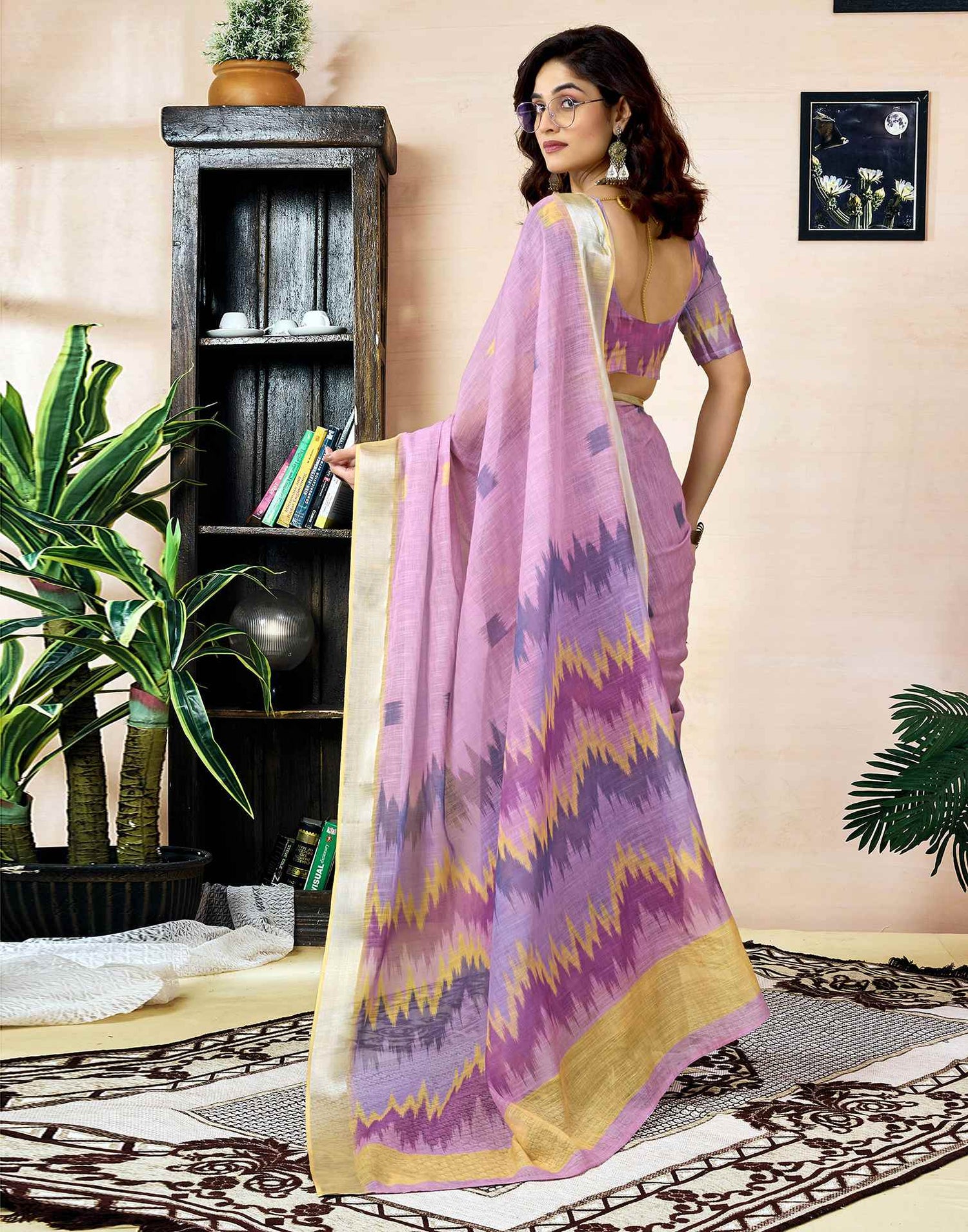 Ready To Wear Light Purple Linen Printed Saree With Pocket