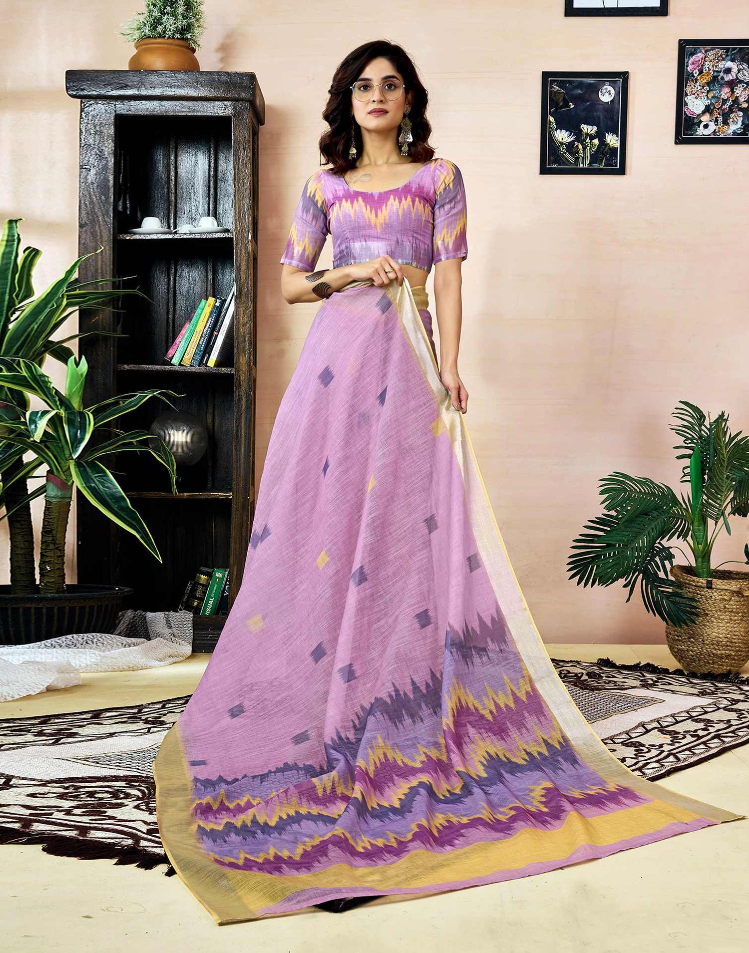 Ready To Wear Light Purple Linen Printed Saree With Pocket
